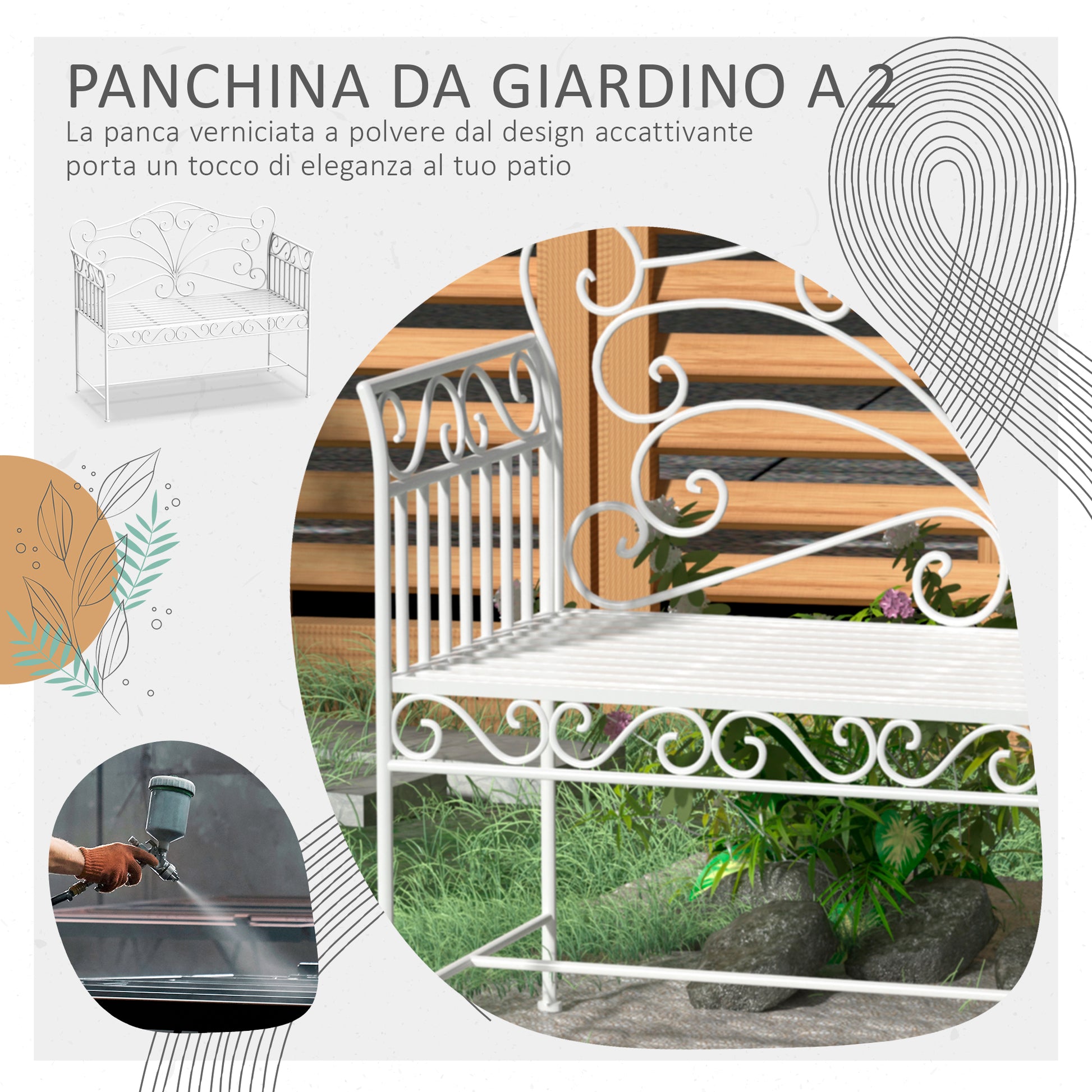 2-Seater Outdoor Bench, Romantic Style Garden Bench Iron 113.5 x 50 x 96cm White