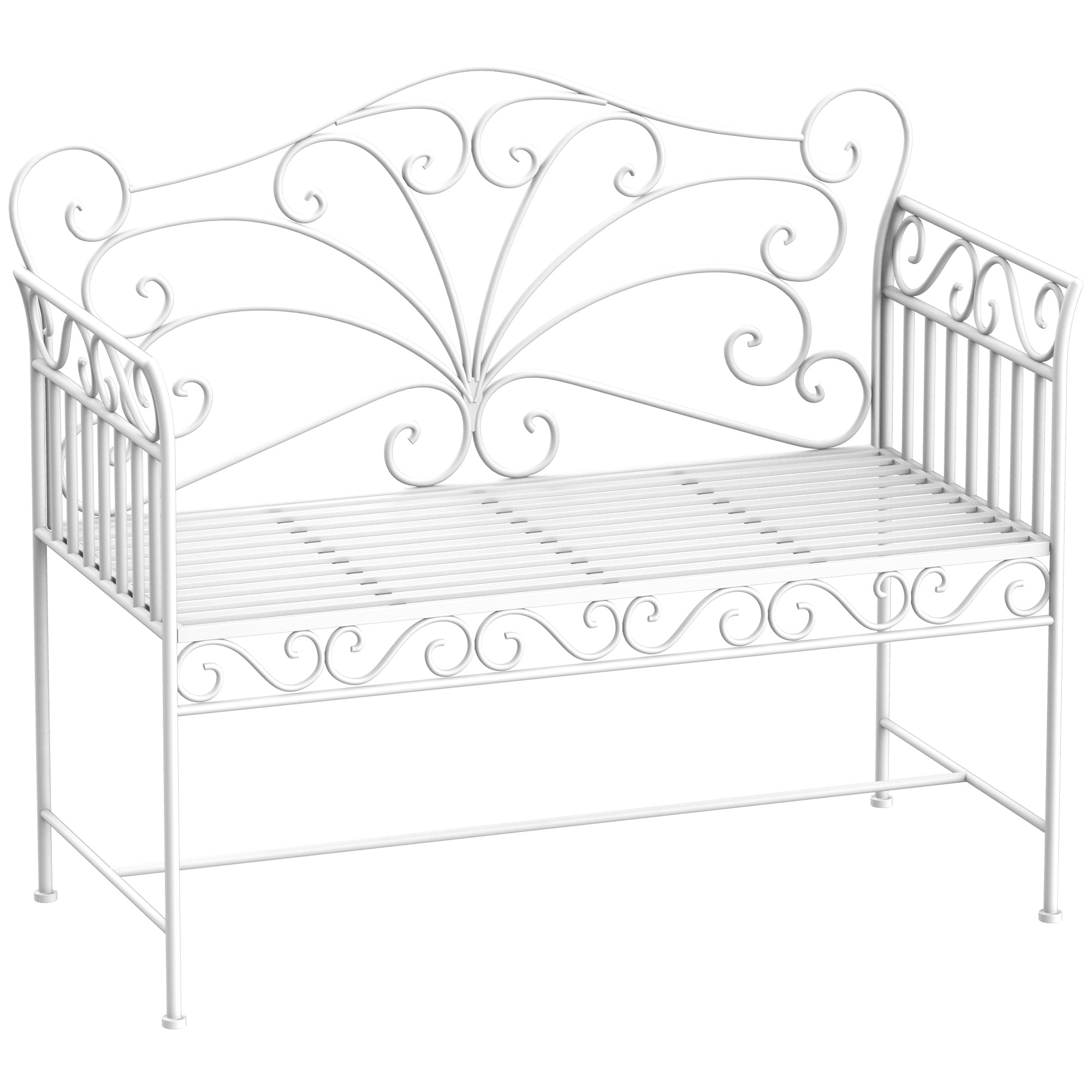 2-Seater Outdoor Bench, Romantic Style Garden Bench Iron 113.5 x 50 x 96cm White