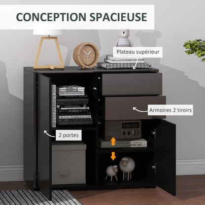 Storage Cabinet Buffet Chest of Drawers Storage Cabinet with 2 Drawers and 2 Door Cabinets, Adjustable Shelves, for Living Room, Kitchen, Bedroom, 79 x 36 x 74 cm Glossy Black