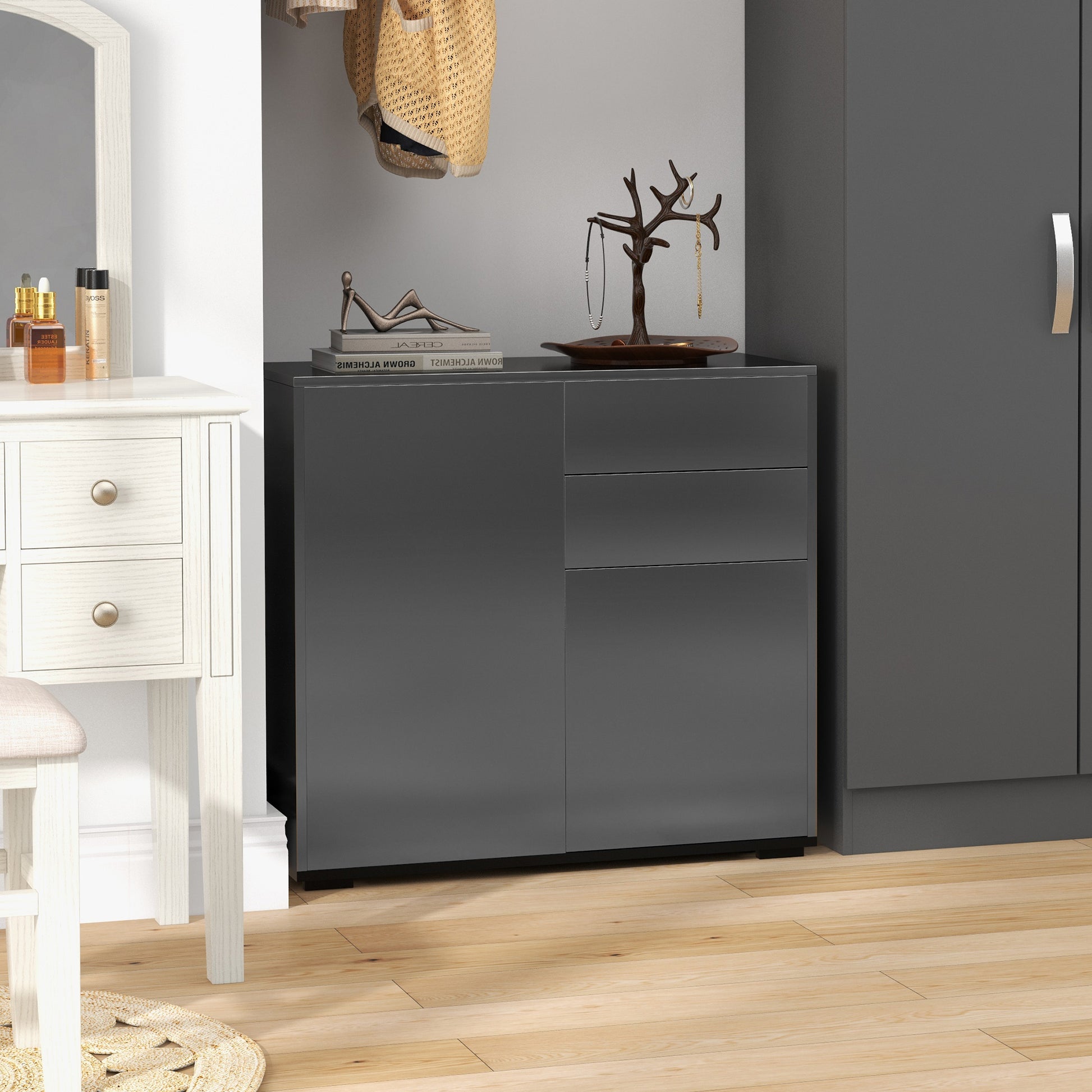 Storage Cabinet Buffet Chest of Drawers Storage Cabinet with 2 Drawers and 2 Door Cabinets, Adjustable Shelves, for Living Room, Kitchen, Bedroom, 79 x 36 x 74 cm Glossy Black