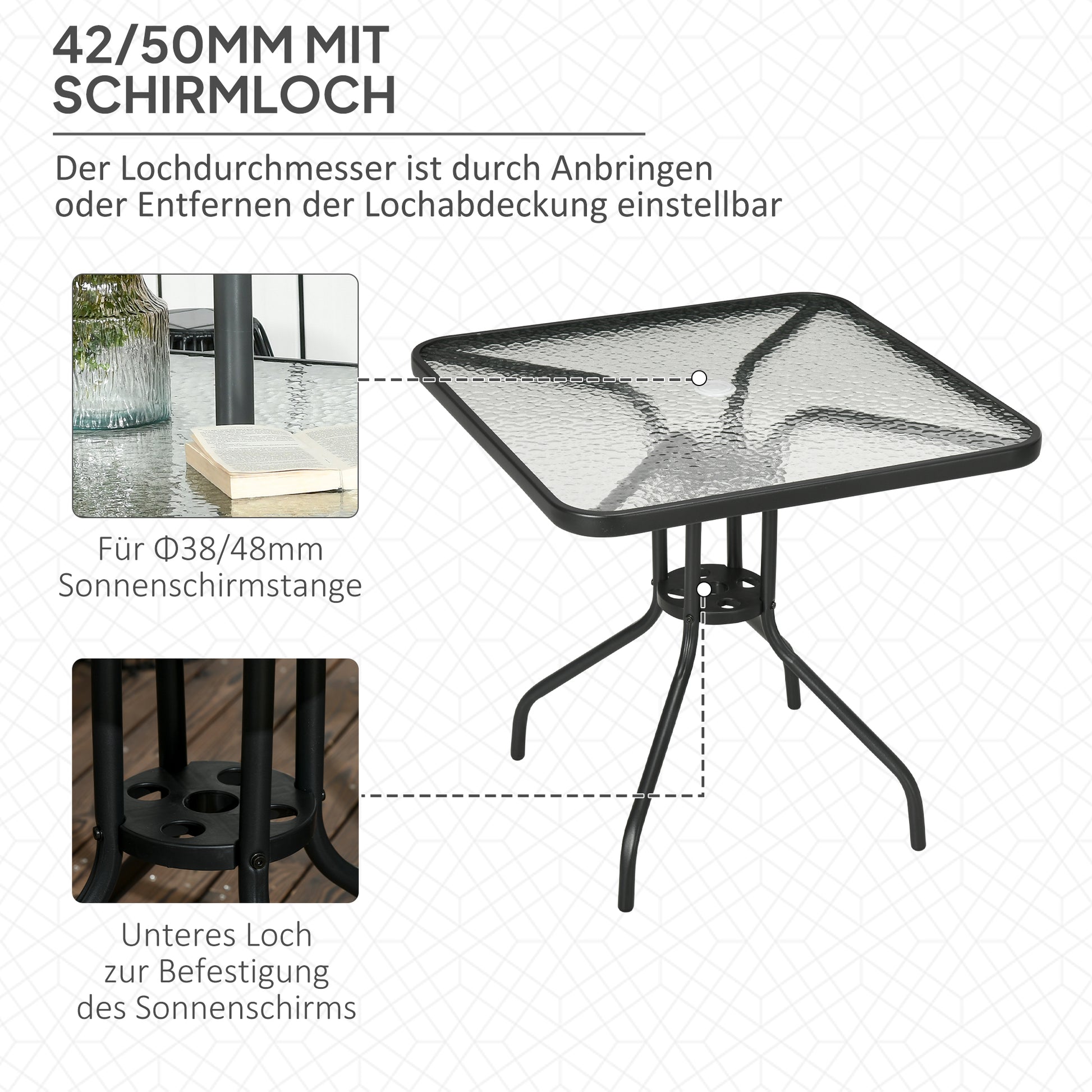 Garden Table Removable Metal 76x76 cm Weatherproof Square Balcony Table with Umbrella Hole, Non-Slip Buffet Camping Table Patio Table for Outdoor Garden, Patio Balcony Black