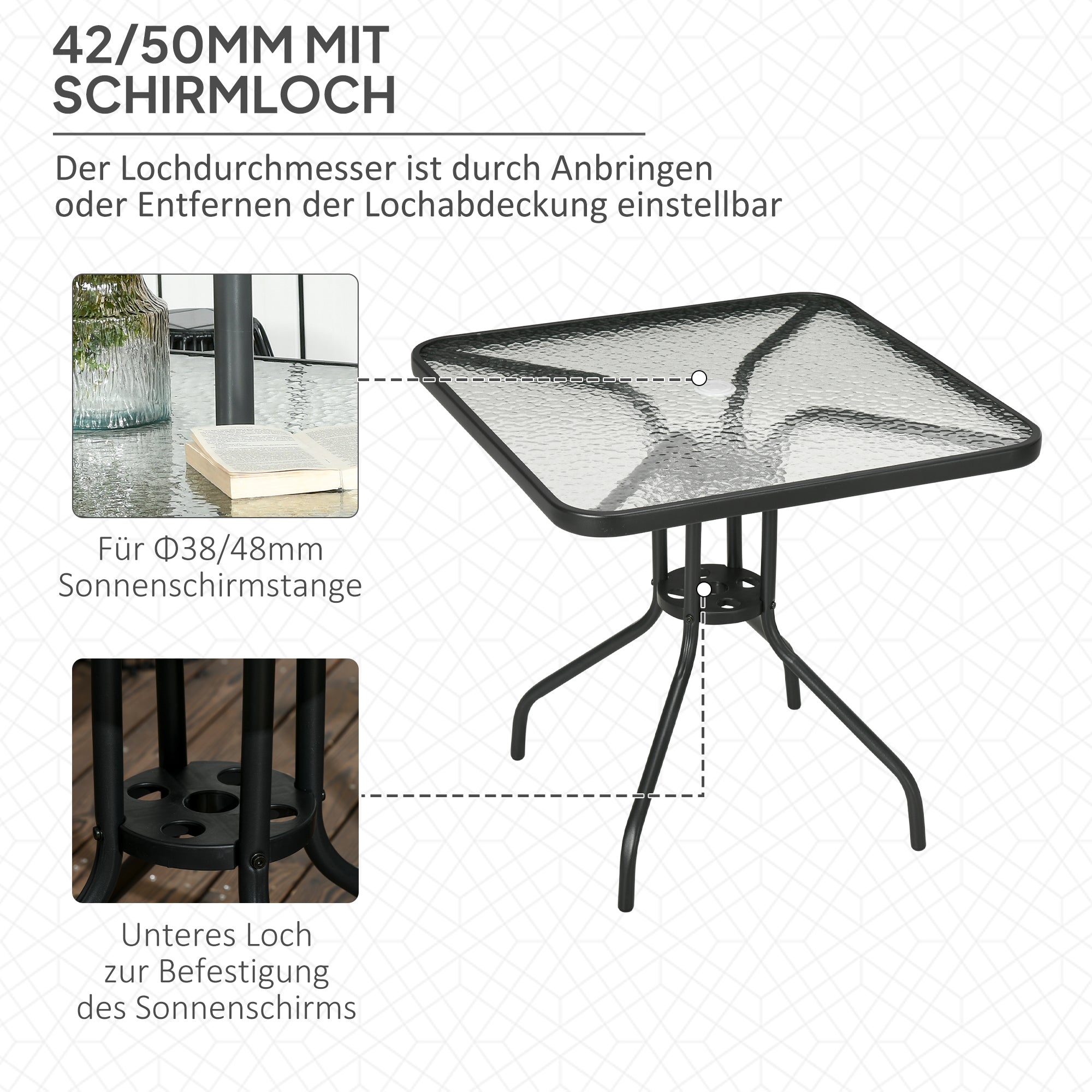 Garden Table Removable Metal 76x76 cm Weatherproof Square Balcony Table with Umbrella Hole, Non-Slip Buffet Camping Table Patio Table for Outdoor Garden, Patio Balcony Black