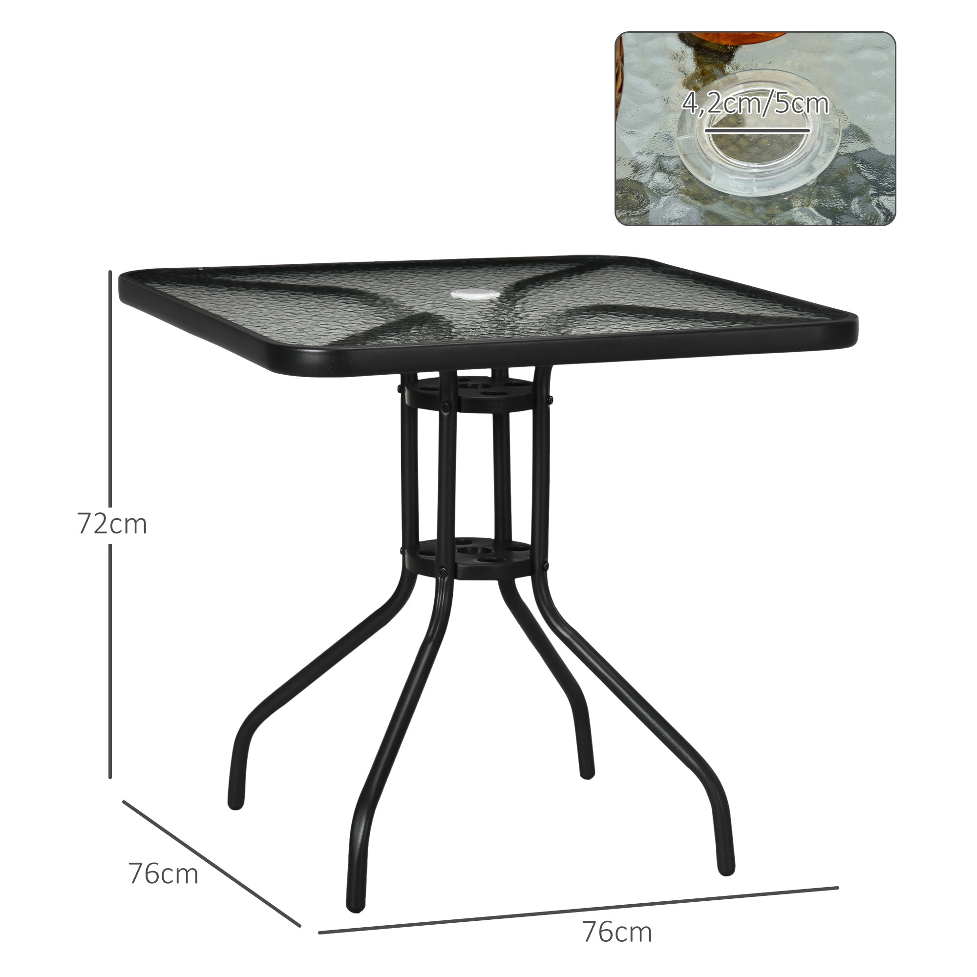 Garden Table Removable Metal 76x76 cm Weatherproof Square Balcony Table with Umbrella Hole, Non-Slip Buffet Camping Table Patio Table for Outdoor Garden, Patio Balcony Black