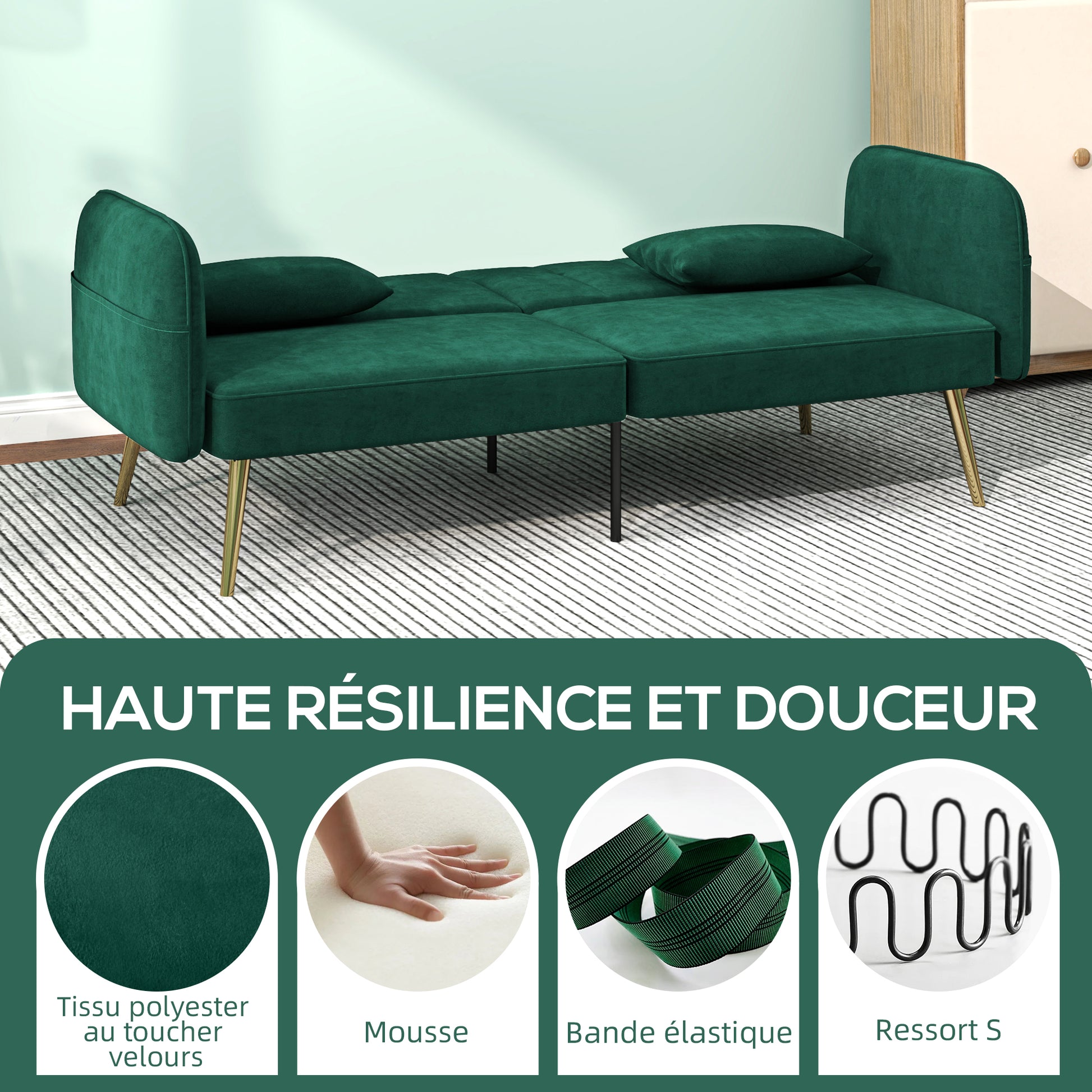 2-Seater Convertible Sofa Bed Clic-Clac Sofa in Velvet Fabric with Adjustable Backrest and Cushions for Living Room, Guest Room, Dark Green