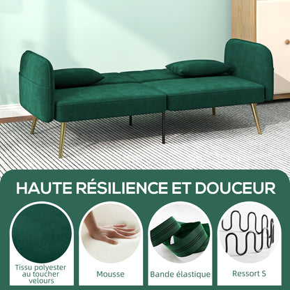 2-Seater Convertible Sofa Bed Clic-Clac Sofa in Velvet Fabric with Adjustable Backrest and Cushions for Living Room, Guest Room, Dark Green