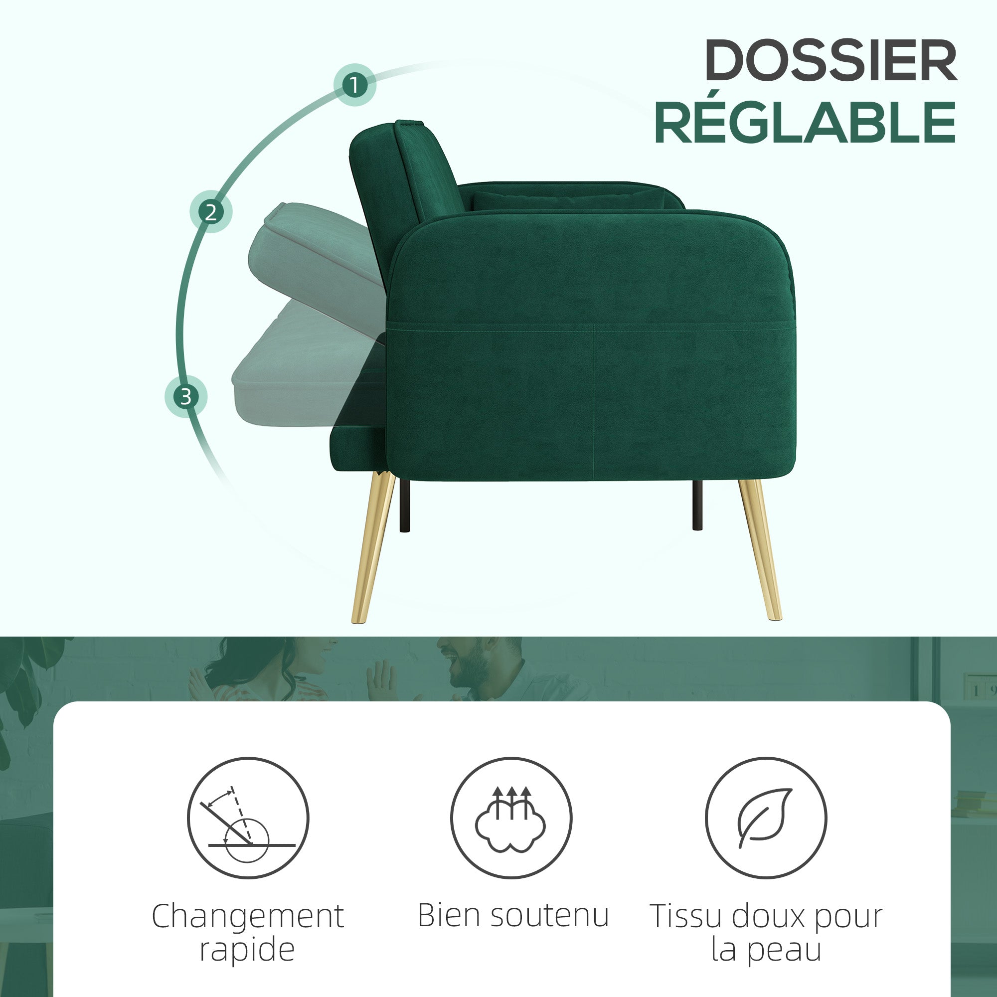 2-Seater Convertible Sofa Bed Clic-Clac Sofa in Velvet Fabric with Adjustable Backrest and Cushions for Living Room, Guest Room, Dark Green