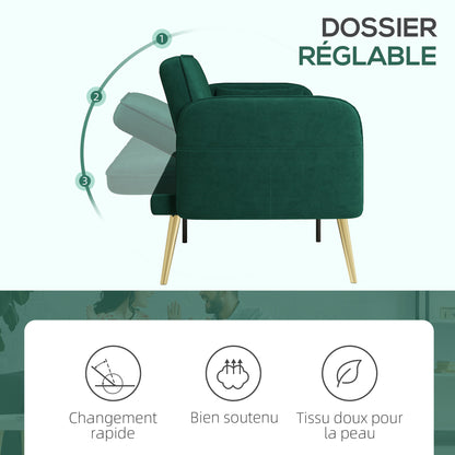 2-Seater Convertible Sofa Bed Clic-Clac Sofa in Velvet Fabric with Adjustable Backrest and Cushions for Living Room, Guest Room, Dark Green