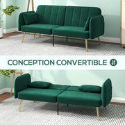 2-Seater Convertible Sofa Bed Clic-Clac Sofa in Velvet Fabric with Adjustable Backrest and Cushions for Living Room, Guest Room, Dark Green