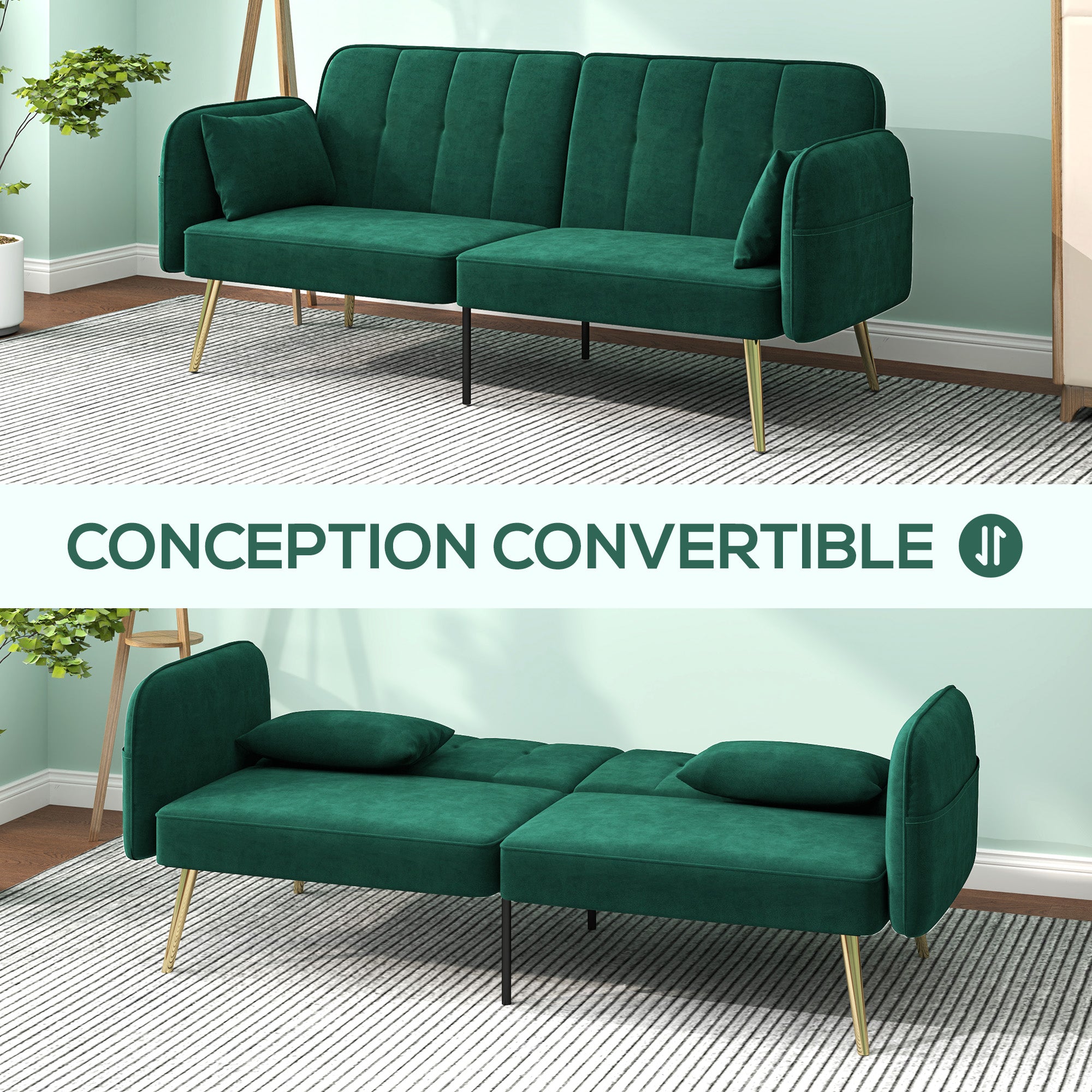 2-Seater Convertible Sofa Bed Clic-Clac Sofa in Velvet Fabric with Adjustable Backrest and Cushions for Living Room, Guest Room, Dark Green
