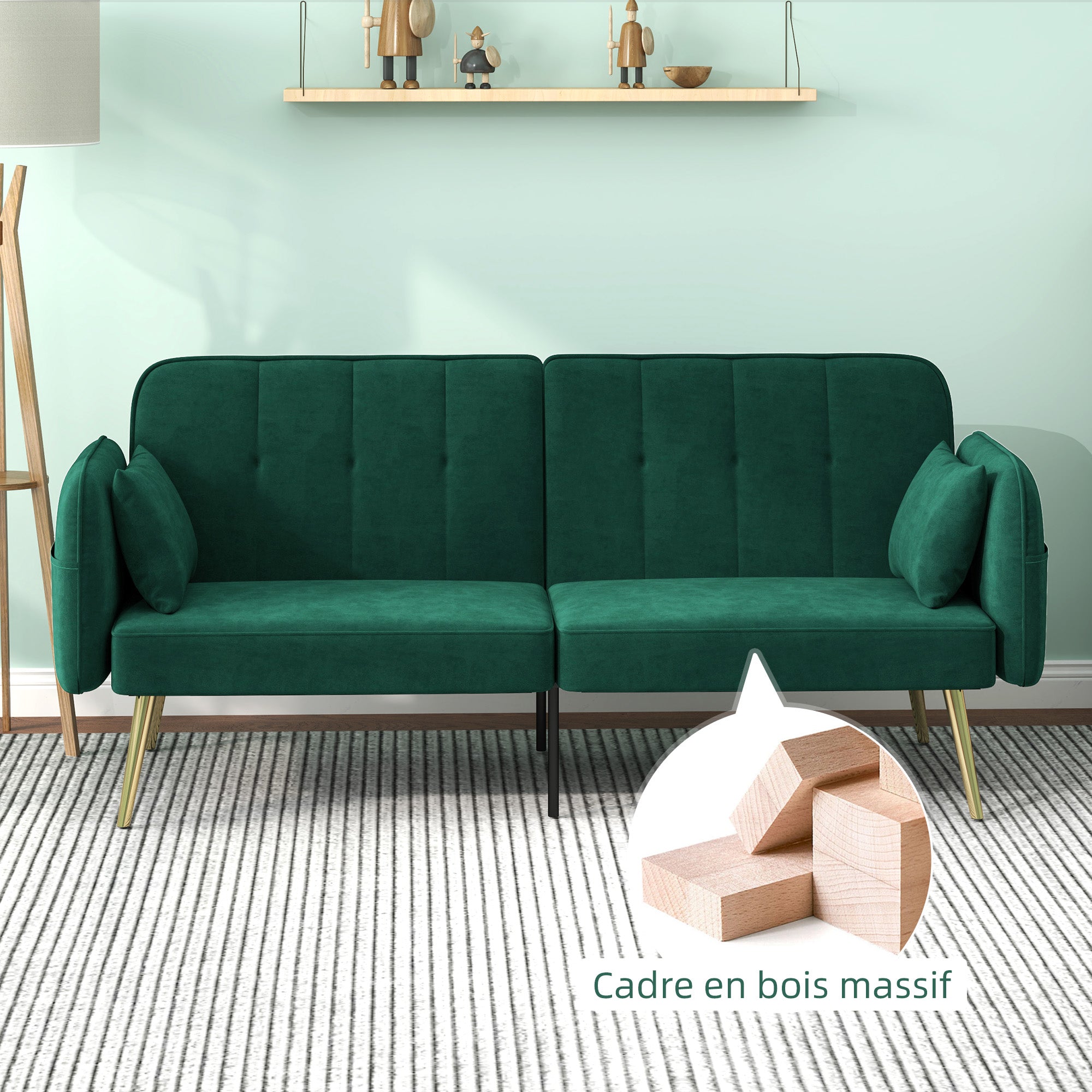 2-Seater Convertible Sofa Bed Clic-Clac Sofa in Velvet Fabric with Adjustable Backrest and Cushions for Living Room, Guest Room, Dark Green