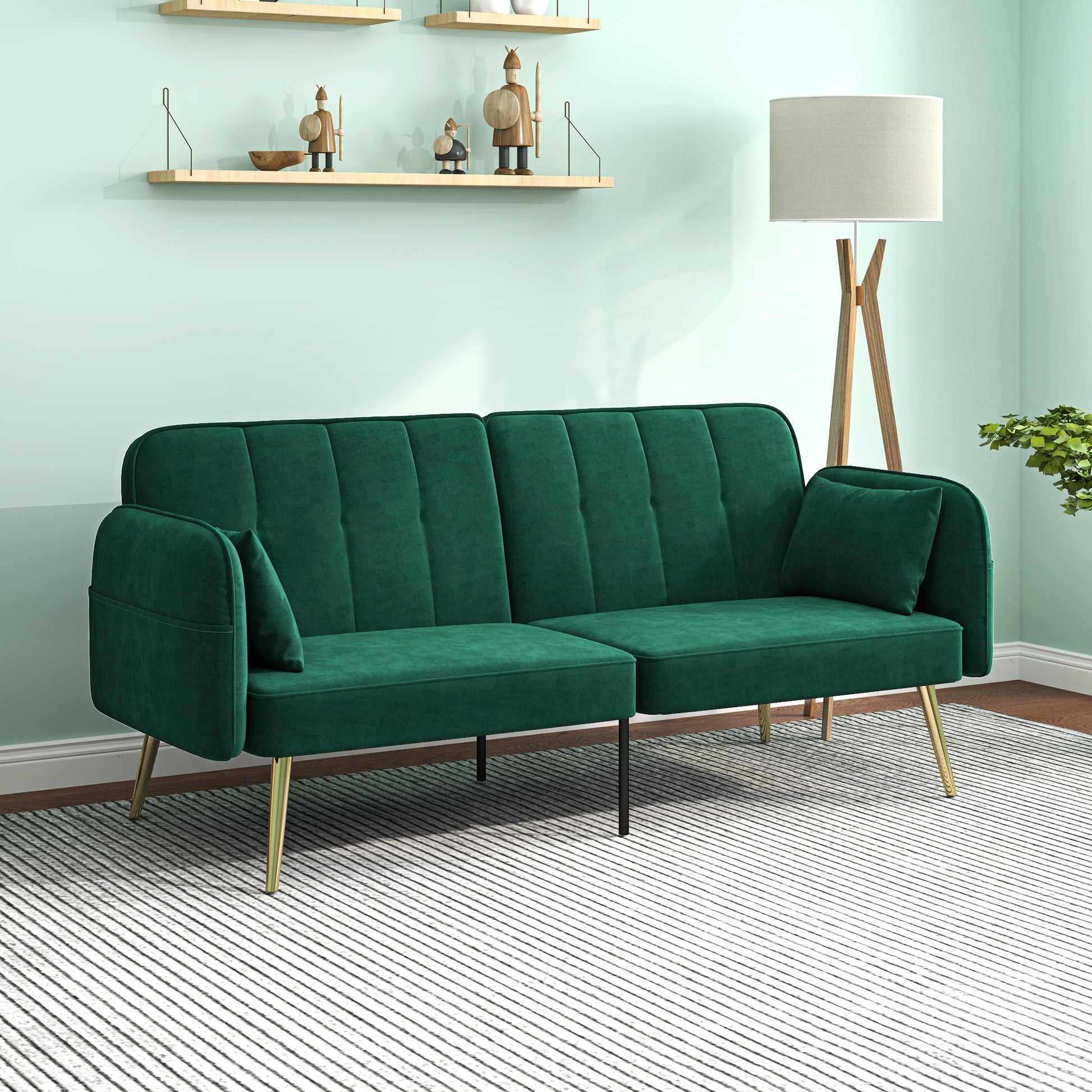 2-Seater Convertible Sofa Bed Clic-Clac Sofa in Velvet Fabric with Adjustable Backrest and Cushions for Living Room, Guest Room, Dark Green
