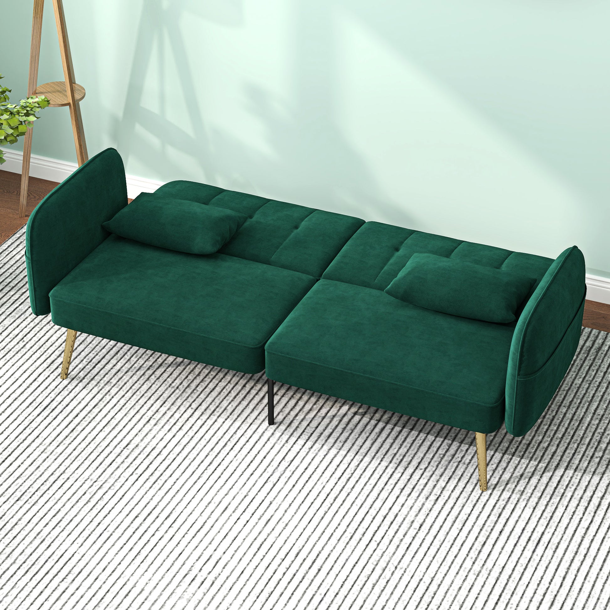 2-Seater Convertible Sofa Bed Clic-Clac Sofa in Velvet Fabric with Adjustable Backrest and Cushions for Living Room, Guest Room, Dark Green