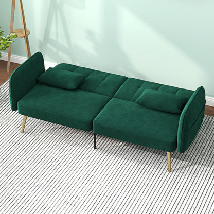 2-Seater Convertible Sofa Bed Clic-Clac Sofa in Velvet Fabric with Adjustable Backrest and Cushions for Living Room, Guest Room, Dark Green