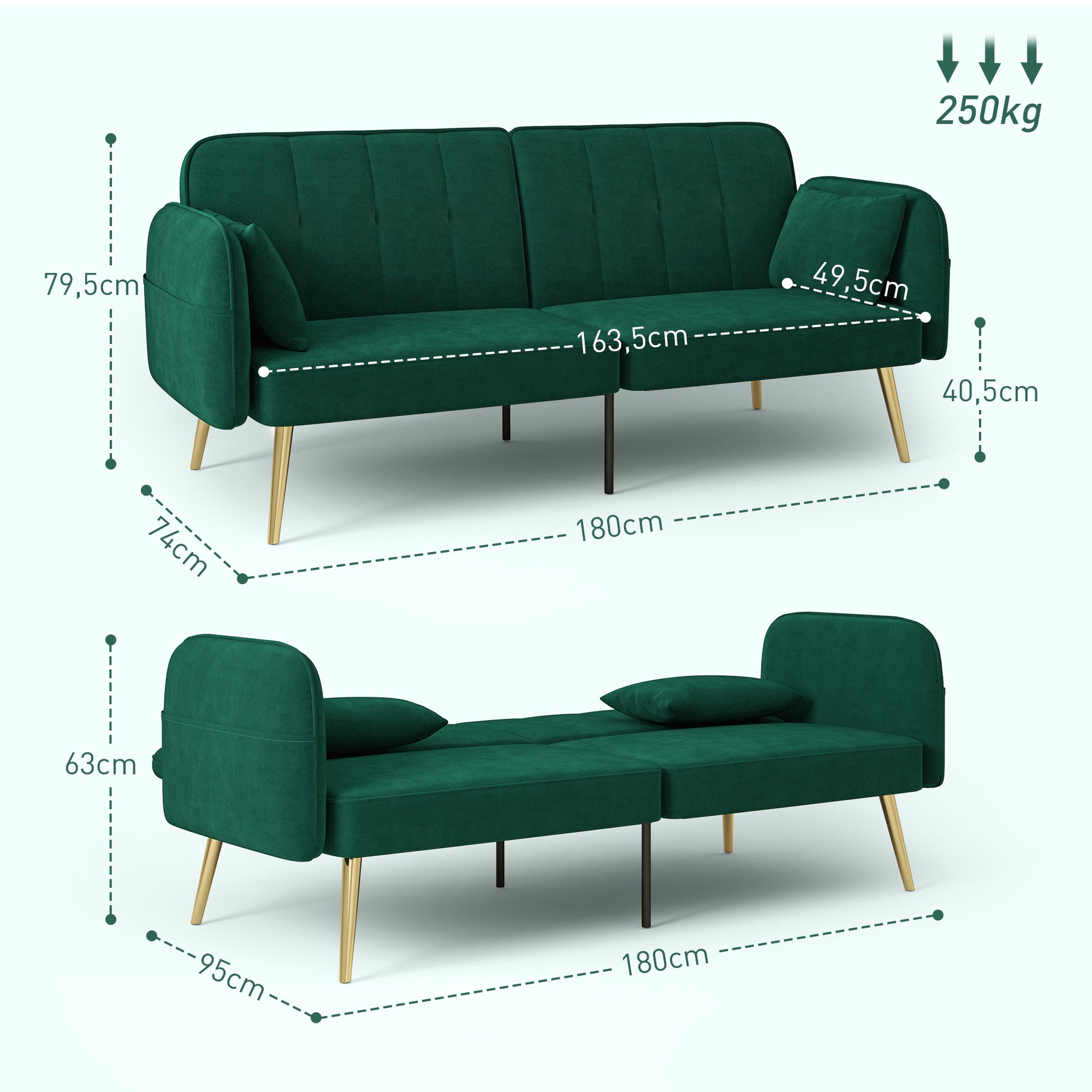 2-Seater Convertible Sofa Bed Clic-Clac Sofa in Velvet Fabric with Adjustable Backrest and Cushions for Living Room, Guest Room, Dark Green
