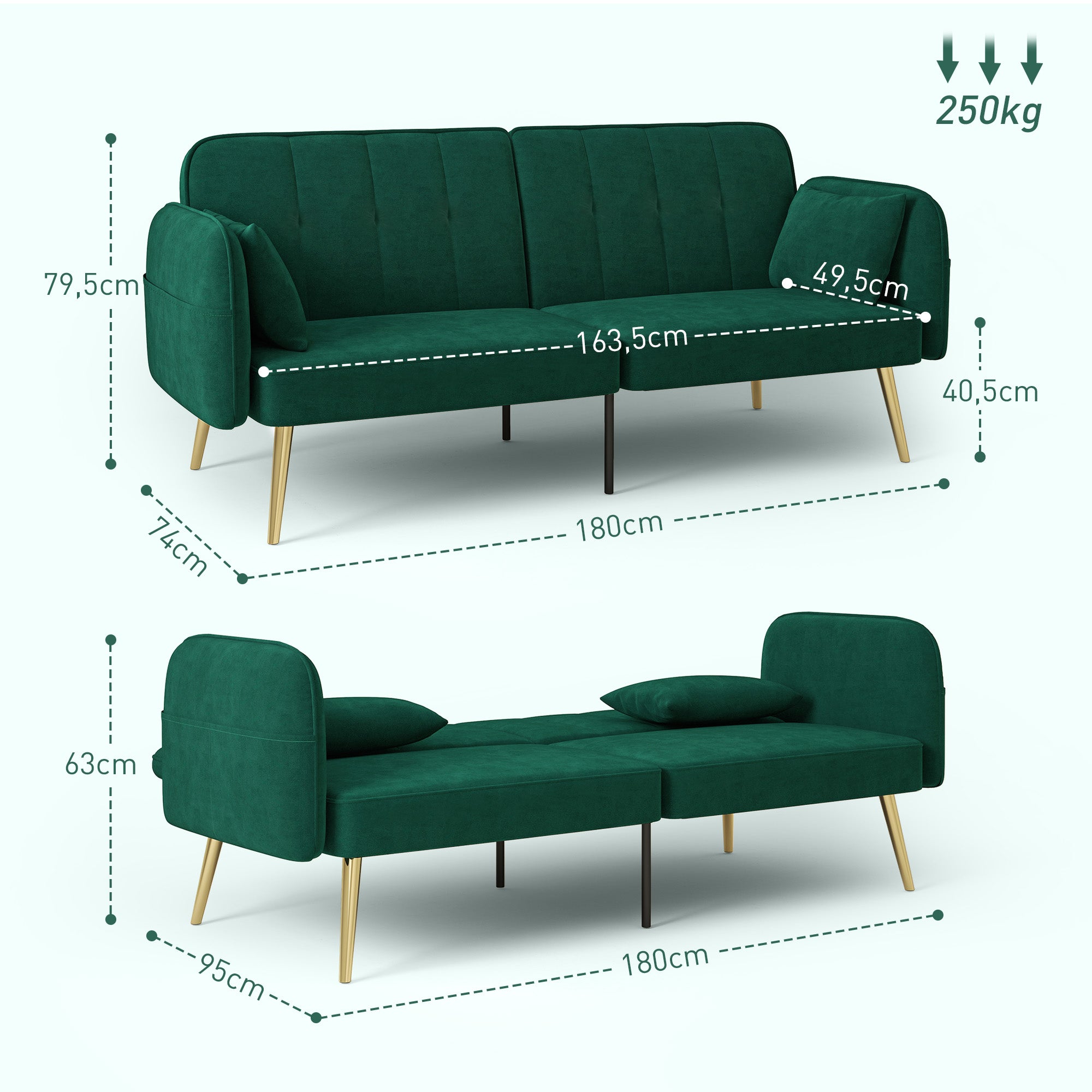2-Seater Convertible Sofa Bed Clic-Clac Sofa in Velvet Fabric with Adjustable Backrest and Cushions for Living Room, Guest Room, Dark Green