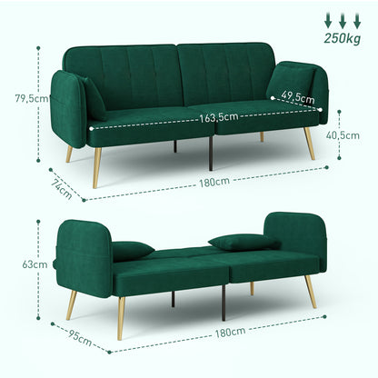 2-Seater Convertible Sofa Bed Clic-Clac Sofa in Velvet Fabric with Adjustable Backrest and Cushions for Living Room, Guest Room, Dark Green