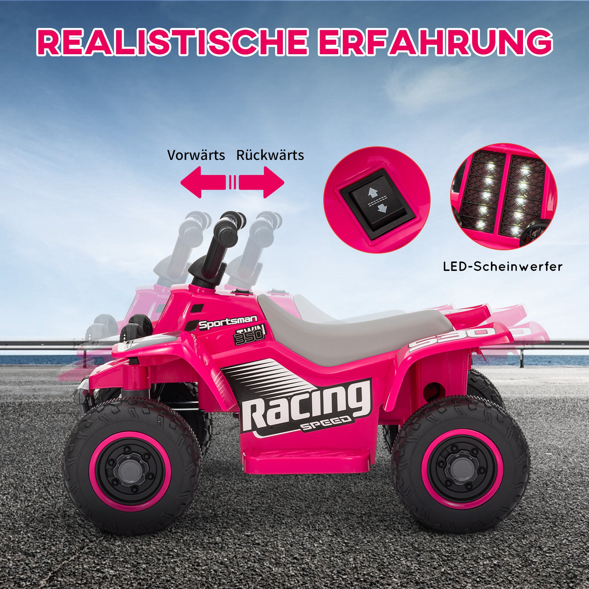 Kids Electric Quad Ride-On with Forward and Reverse Function, LED Lights, and Horn Electric Toy for 1.5-3 Year Olds Children 3 km/h Metal Pink