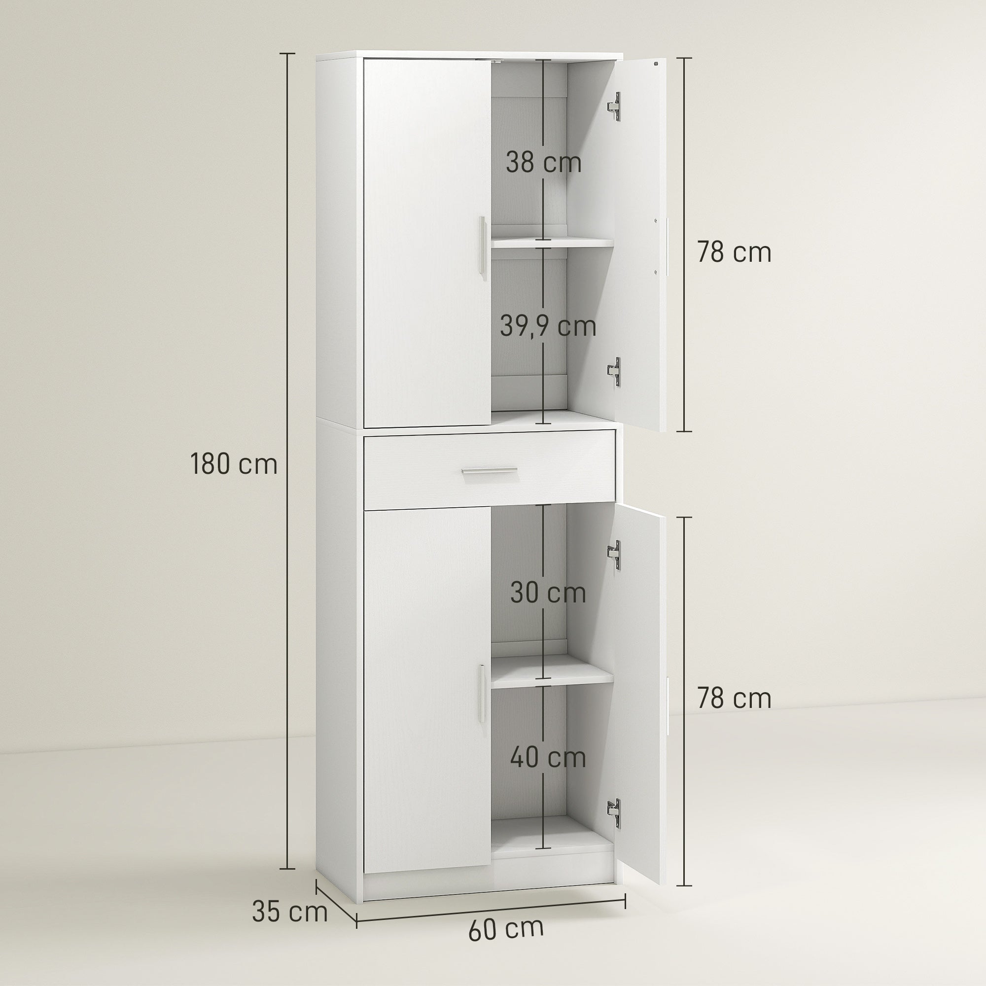 Kitchen Cabinet Tall Cabinet with Adjustable Shelves, 4 Doors Buffet Cabinet with Drawer, Pantry Cabinet with Scandinavian Design, White