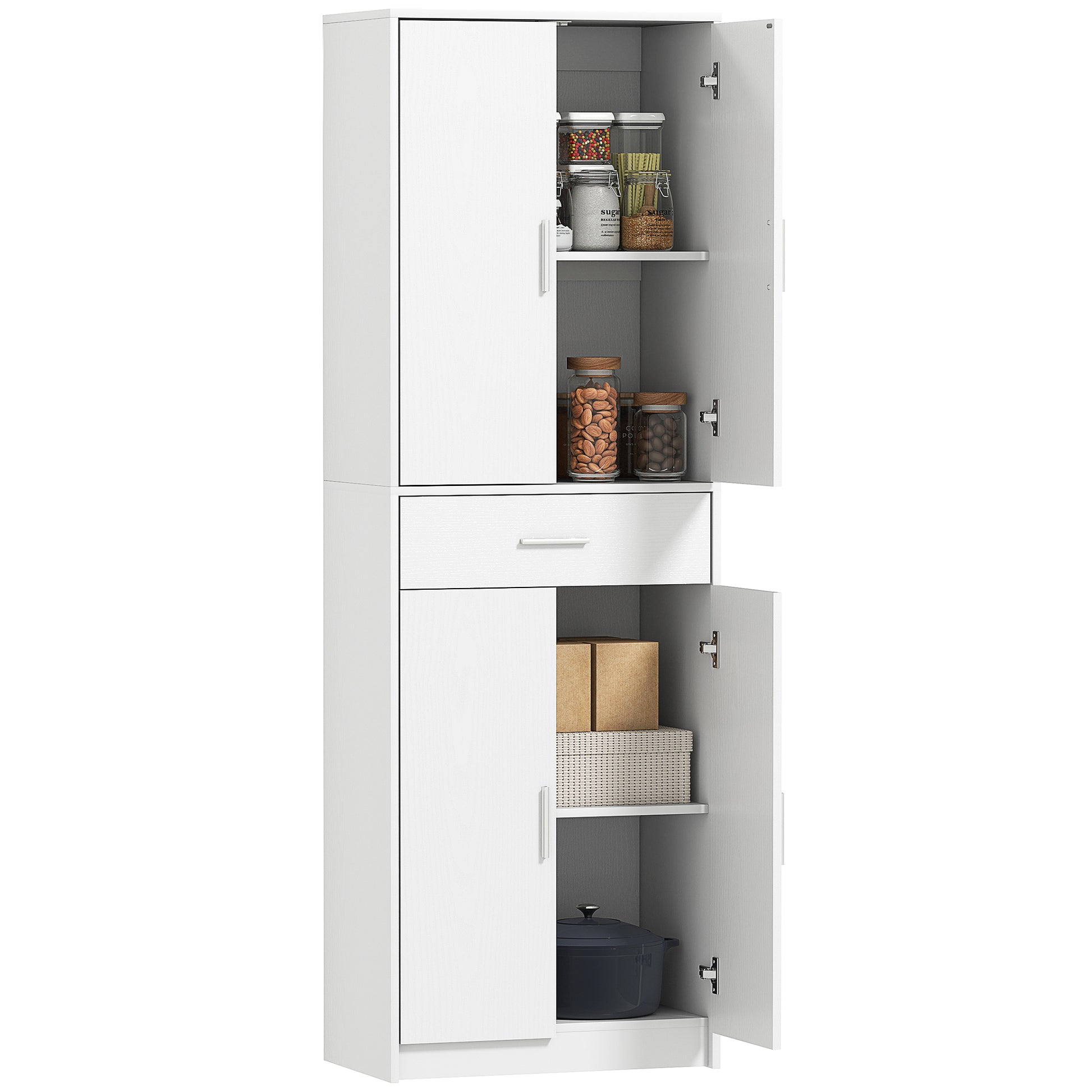 Kitchen Cabinet Tall Cabinet with Adjustable Shelves, 4 Doors Buffet Cabinet with Drawer, Pantry Cabinet with Scandinavian Design, White