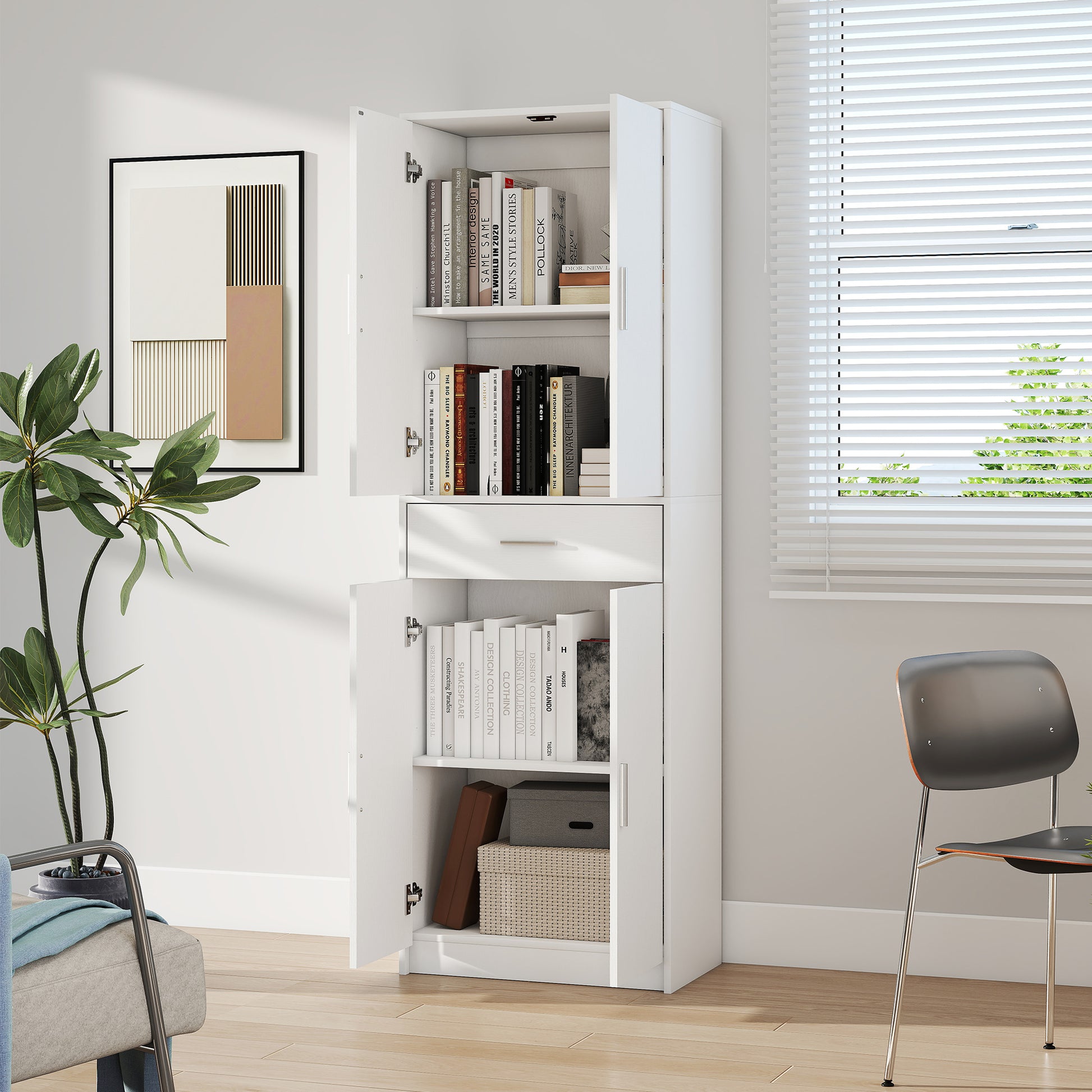 Kitchen Cabinet Tall Cabinet with Adjustable Shelves, 4 Doors Buffet Cabinet with Drawer, Pantry Cabinet with Scandinavian Design, White