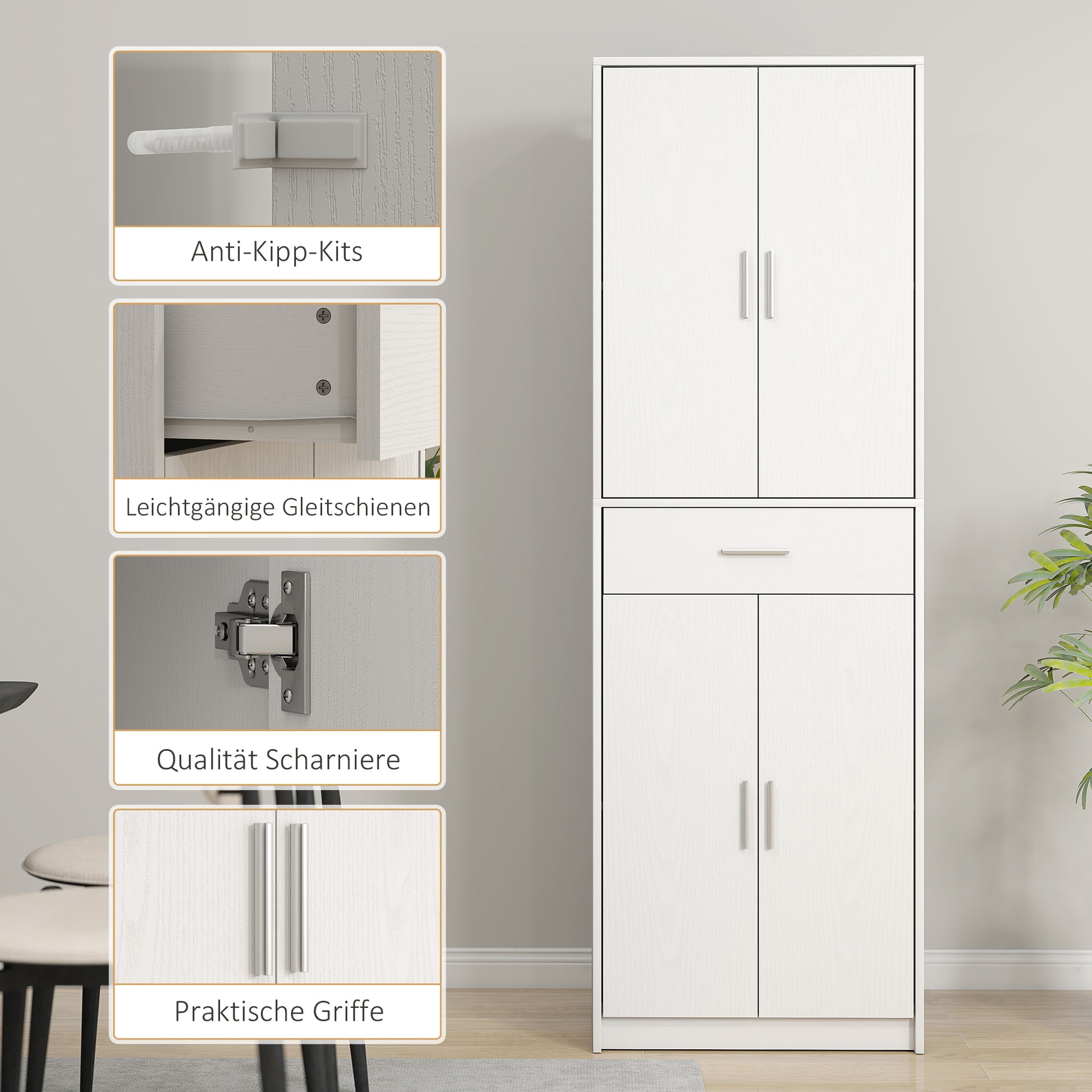 Kitchen Cabinet Tall Cabinet with Adjustable Shelves, 4 Doors Buffet Cabinet with Drawer, Pantry Cabinet with Scandinavian Design, White