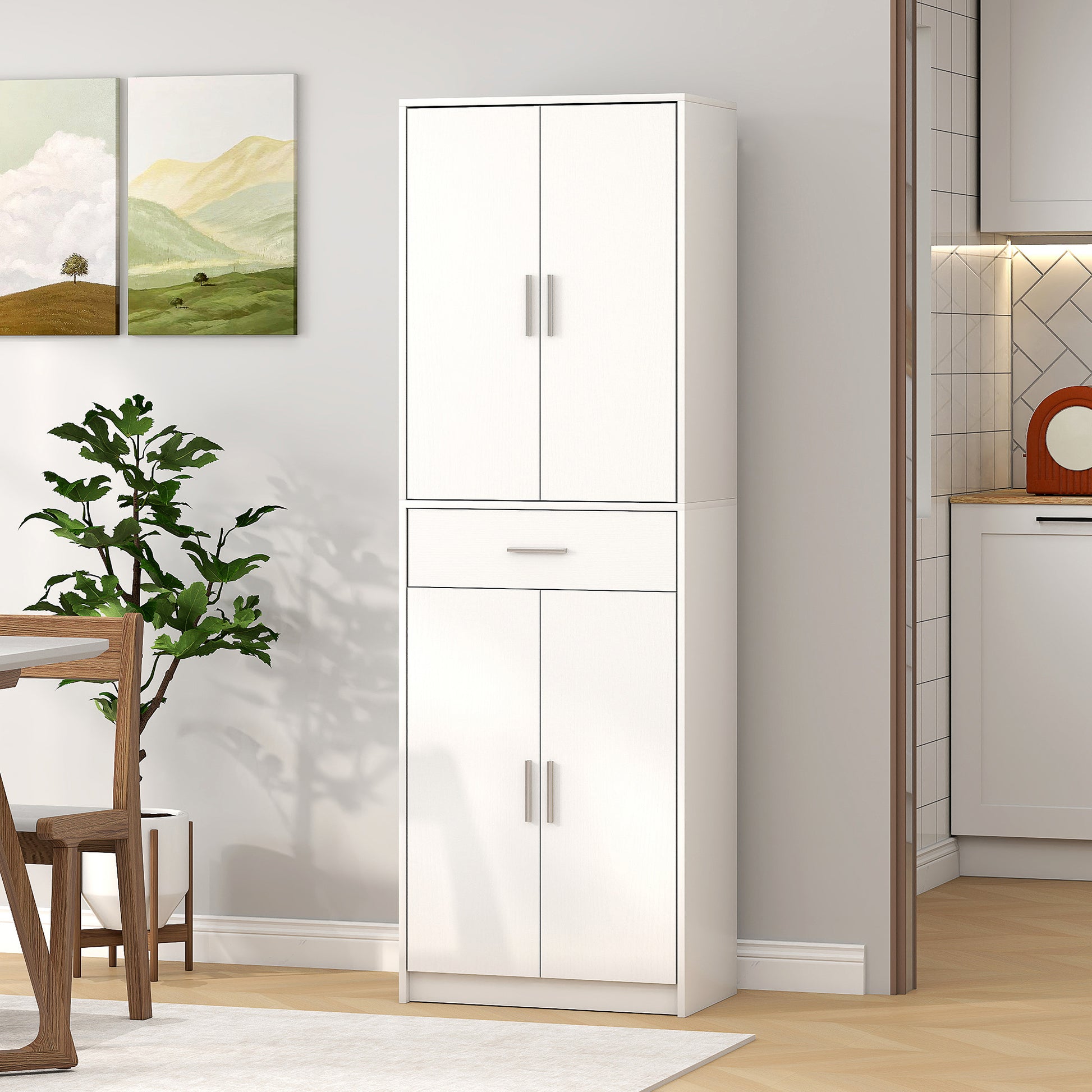 Kitchen Cabinet Tall Cabinet with Adjustable Shelves, 4 Doors Buffet Cabinet with Drawer, Pantry Cabinet with Scandinavian Design, White