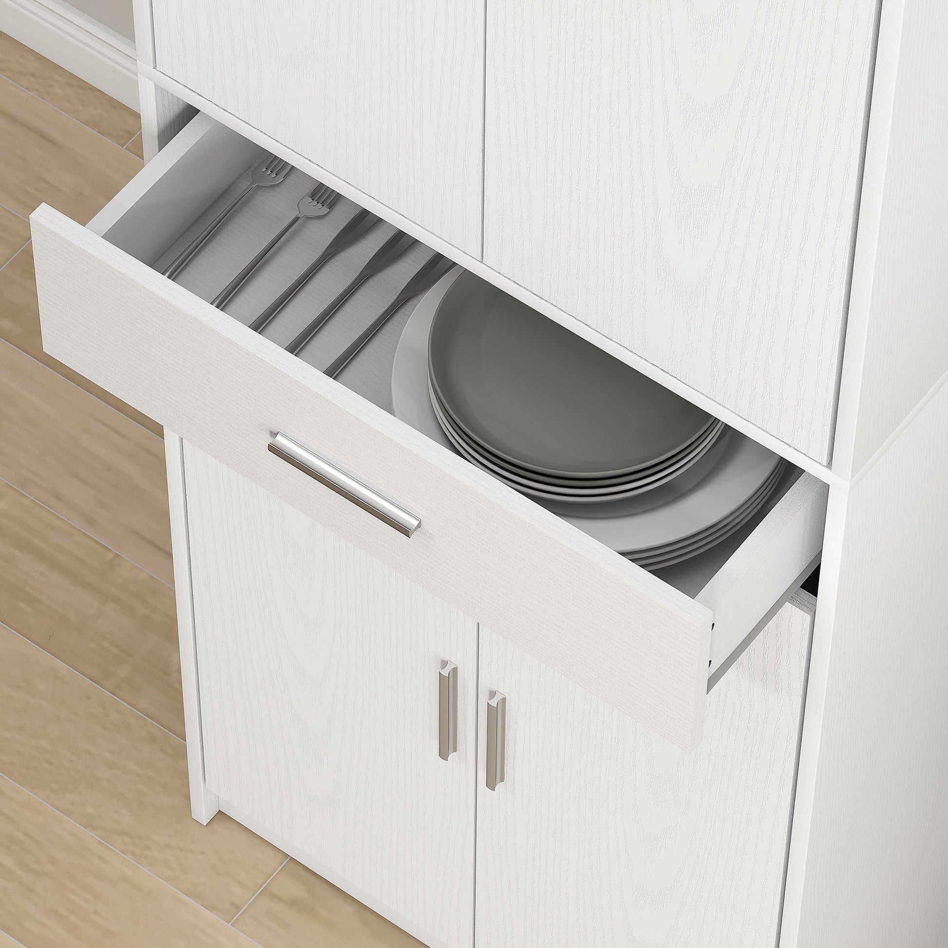 Kitchen Cabinet Tall Cabinet with Adjustable Shelves, 4 Doors Buffet Cabinet with Drawer, Pantry Cabinet with Scandinavian Design, White