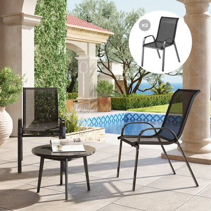 Set of 2 Stackable Outdoor Dining Chairs — Breathable Mesh, High Reclined Back, Powder-Coated Steel Frame, Black