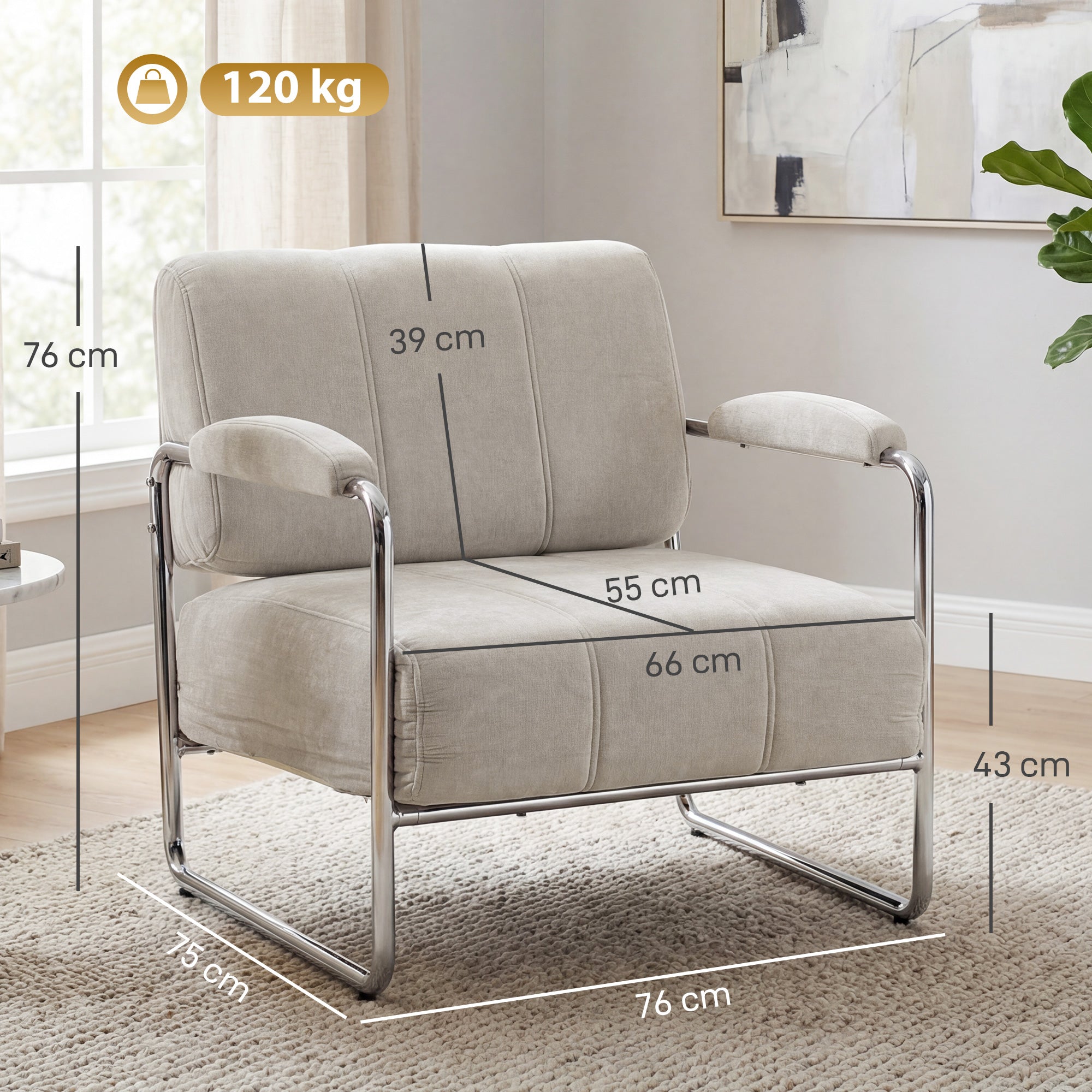 Living Room Armchair with Thick Padding, Wide Seat, Double Stitching — Soft Chenille, Easy Assembly, Steel Frame — Beige