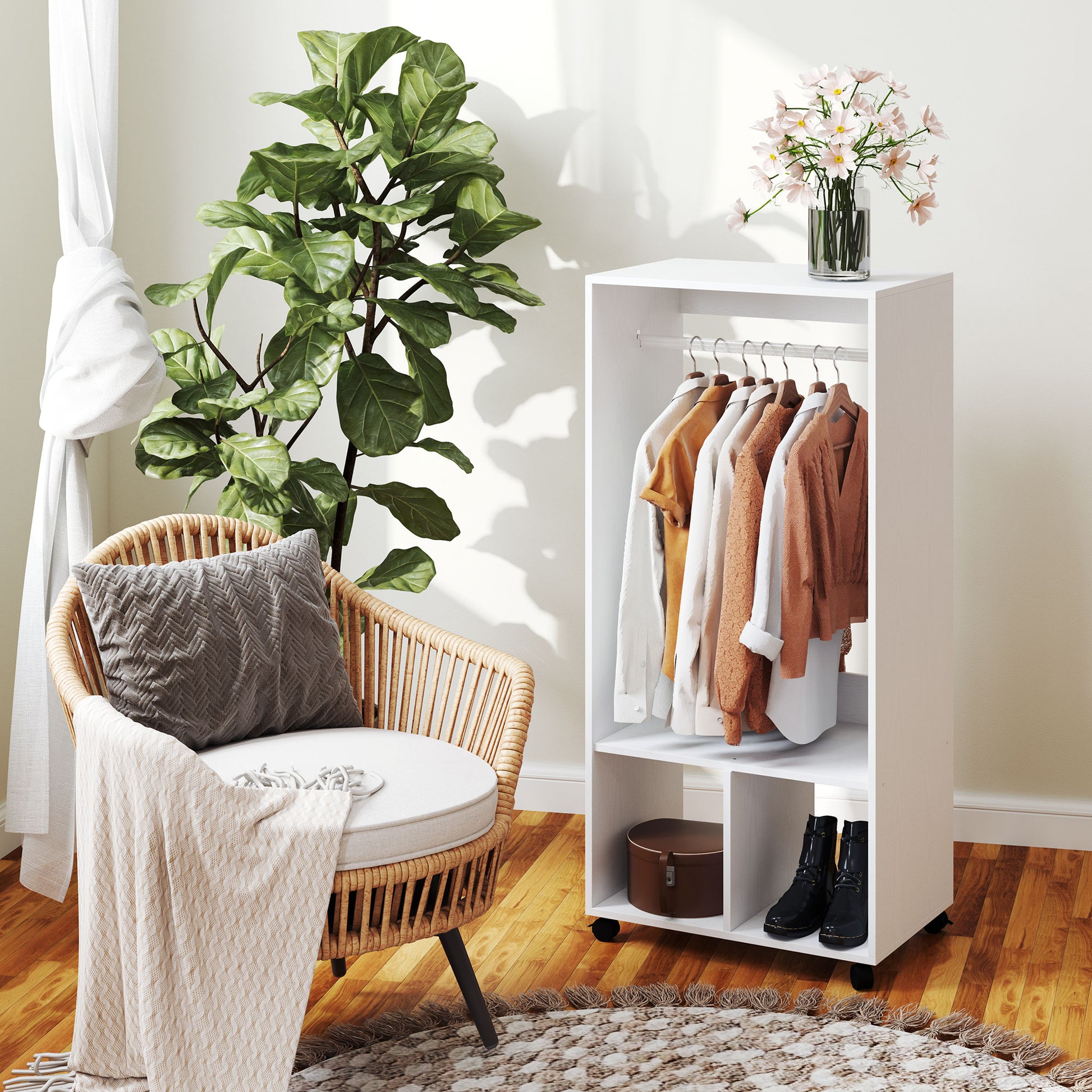Mobile Wardrobe Closet with Shelf 4 Swivel Wheels for Living Room Bedroom, Aluminum Alloys, 60 x 40 x 127 cm, White