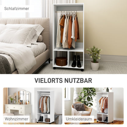 Mobile Wardrobe Closet with Shelf 4 Swivel Wheels for Living Room Bedroom, Aluminum Alloys, 60 x 40 x 127 cm, White