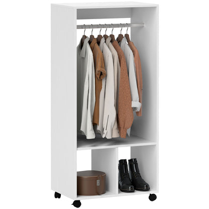 Mobile Wardrobe Closet with Shelf 4 Swivel Wheels for Living Room Bedroom, Aluminum Alloys, 60 x 40 x 127 cm, White