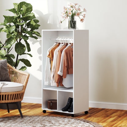 Mobile Wardrobe Closet with Shelf 4 Swivel Wheels for Living Room Bedroom, Aluminum Alloys, 60 x 40 x 127 cm, White