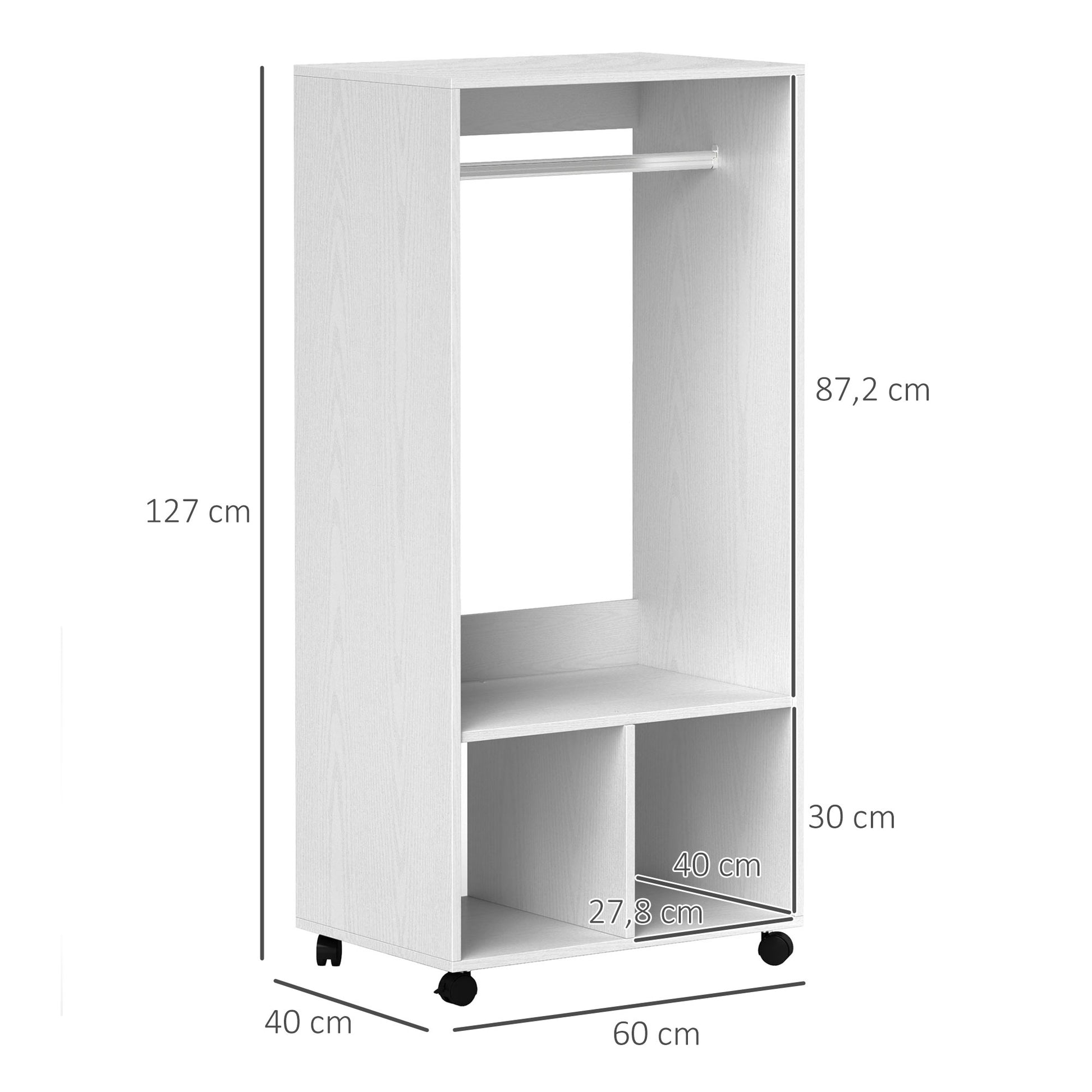 Mobile Wardrobe Closet with Shelf 4 Swivel Wheels for Living Room Bedroom, Aluminum Alloys, 60 x 40 x 127 cm, White