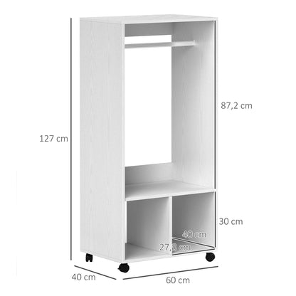 Mobile Wardrobe Closet with Shelf 4 Swivel Wheels for Living Room Bedroom, Aluminum Alloys, 60 x 40 x 127 cm, White