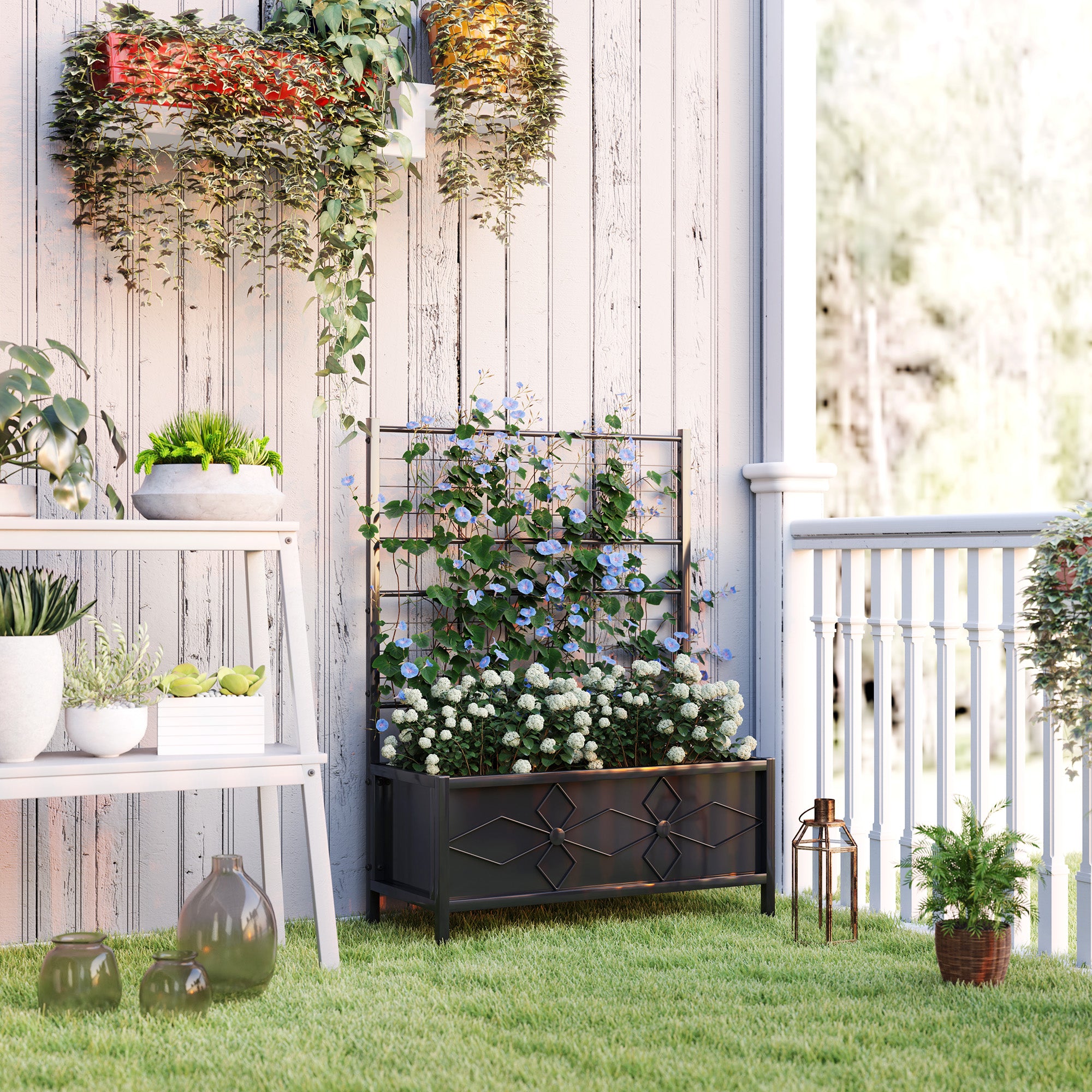 Raised Planter with Trellis, Garden Elevated Bed, Outdoor Flower Box - diamond pattern, drainage holes, galvanized steel flower bed for balcony terrace patio, 90x40x120 cm, black