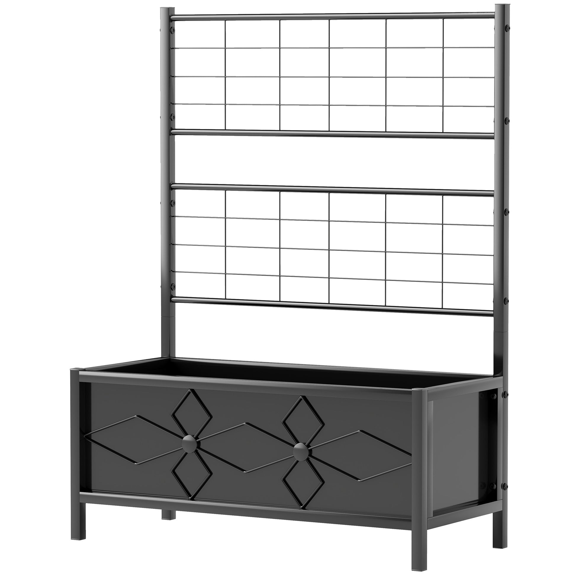Raised Planter with Trellis, Garden Elevated Bed, Outdoor Flower Box - diamond pattern, drainage holes, galvanized steel flower bed for balcony terrace patio, 90x40x120 cm, black