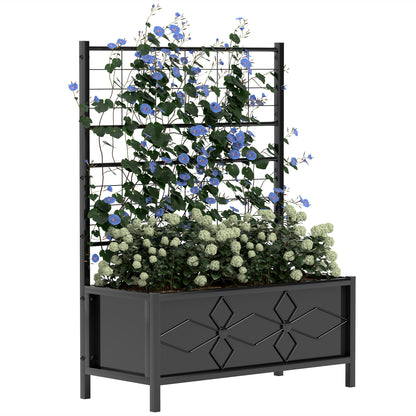 Raised Planter with Trellis, Garden Elevated Bed, Outdoor Flower Box - diamond pattern, drainage holes, galvanized steel flower bed for balcony terrace patio, 90x40x120 cm, black