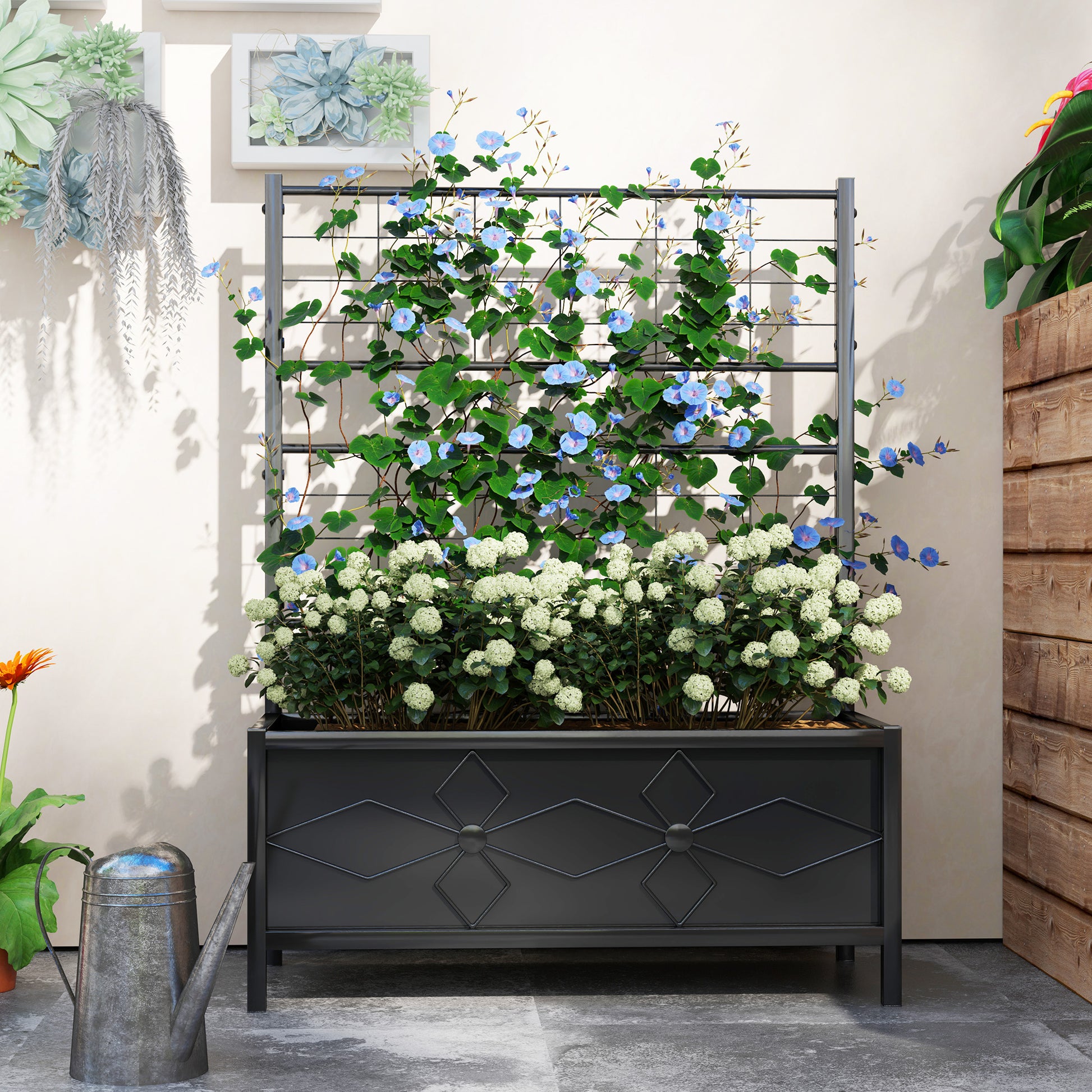 Raised Planter with Trellis, Garden Elevated Bed, Outdoor Flower Box - diamond pattern, drainage holes, galvanized steel flower bed for balcony terrace patio, 90x40x120 cm, black