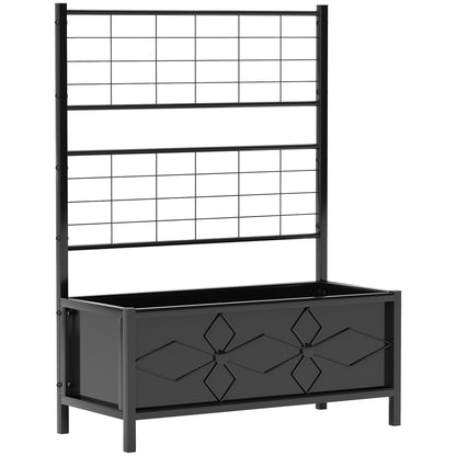 Raised Planter with Trellis, Garden Elevated Bed, Outdoor Flower Box - diamond pattern, drainage holes, galvanized steel flower bed for balcony terrace patio, 90x40x120 cm, black