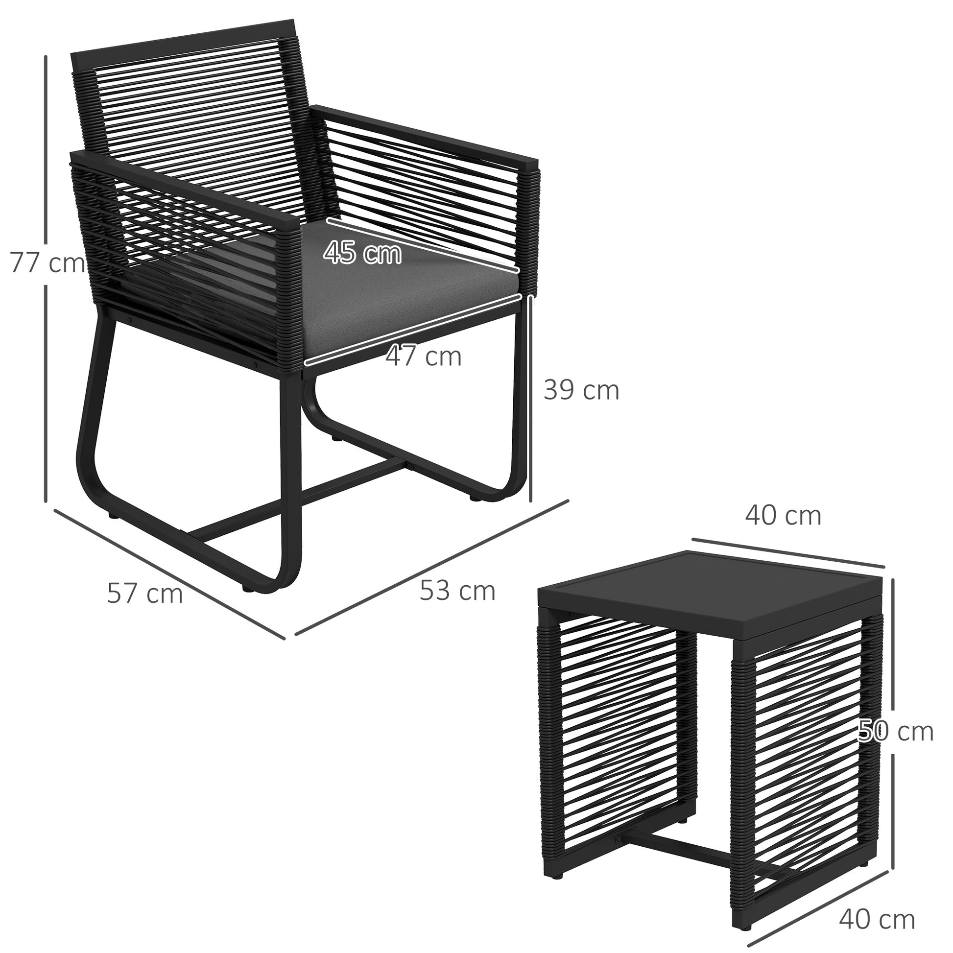 3-Piece Rattan Garden Set, Outdoor Lounge with 2 Armchairs with Removable Cushions and Black Glass Coffee Table