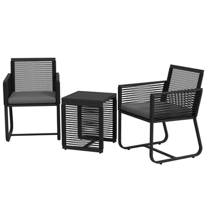 3-Piece Rattan Garden Set, Outdoor Lounge with 2 Armchairs with Removable Cushions and Black Glass Coffee Table
