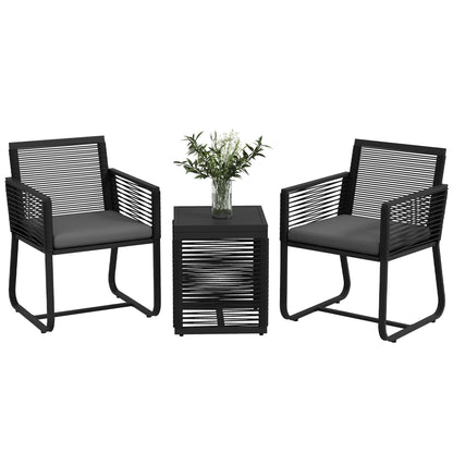 3-Piece Rattan Garden Set, Outdoor Lounge with 2 Armchairs with Removable Cushions and Black Glass Coffee Table