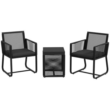 3-Piece Rattan Garden Set, Outdoor Lounge with 2 Armchairs with Removable Cushions and Black Glass Coffee Table