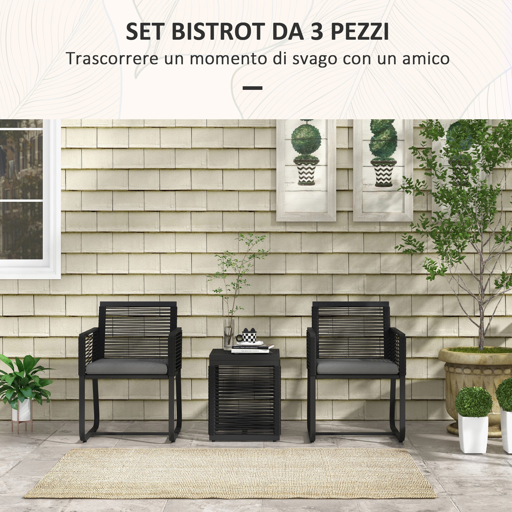 3-Piece Rattan Garden Set, Outdoor Lounge with 2 Armchairs with Removable Cushions and Black Glass Coffee Table