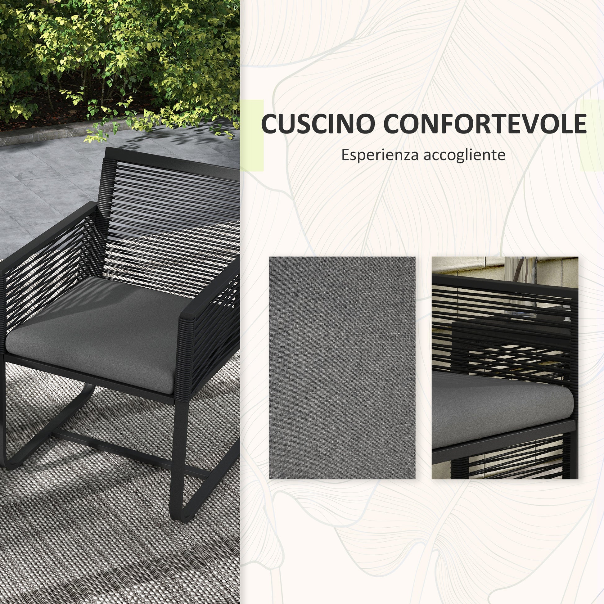 3-Piece Rattan Garden Set, Outdoor Lounge with 2 Armchairs with Removable Cushions and Black Glass Coffee Table
