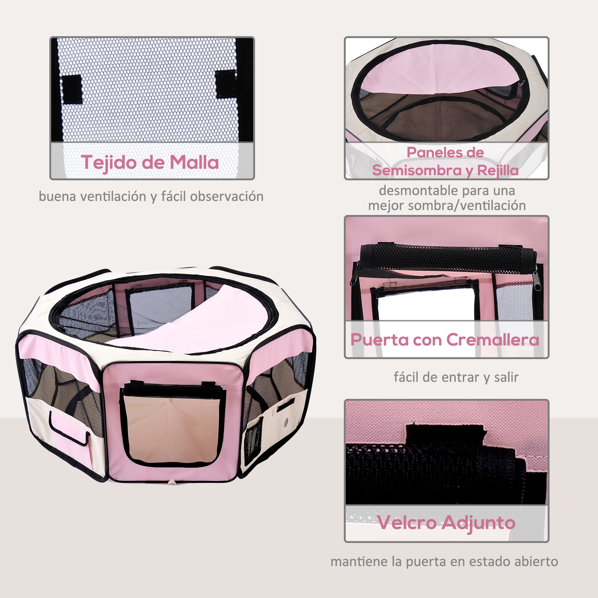 Foldable Playpen for Dogs & Cats — Portable Octagonal Pet Pen, Water-Resistant 600D Oxford with 2 Zippered Doors, Indoor/Outdoor, Ø90 x 41 cm (35.4 x 16.1 in), Pink