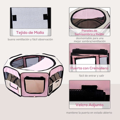 Foldable Playpen for Dogs & Cats — Portable Octagonal Pet Pen, Water-Resistant 600D Oxford with 2 Zippered Doors, Indoor/Outdoor, Ø90 x 41 cm (35.4 x 16.1 in), Pink