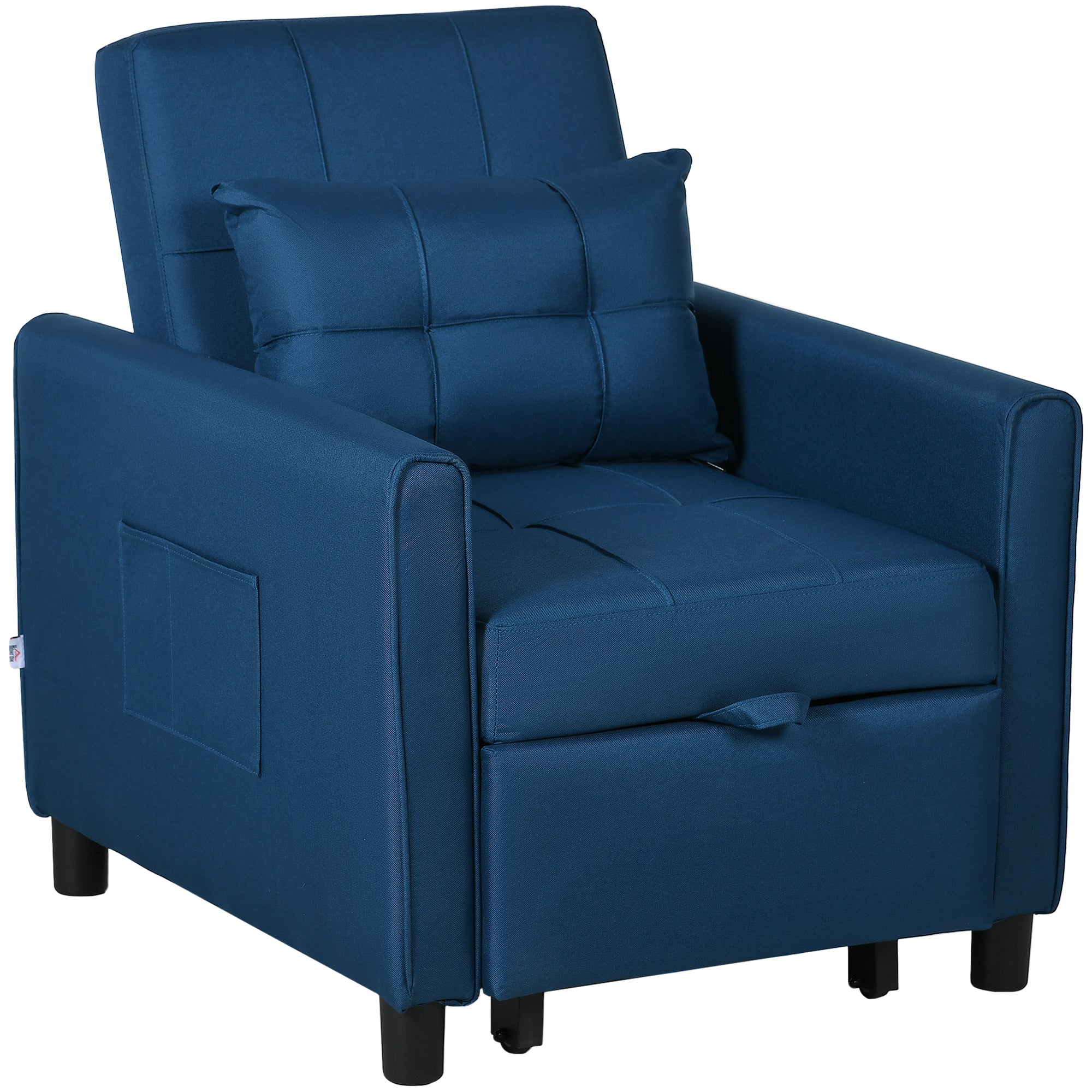 Single Sofa Bed with 3-Level Reclining Backrest, 2 Wheels, and Cushion, Foldable Single Sofa Bed for Living Room in Linen Effect Fabric and Wood, 69x82x85cm, Blue