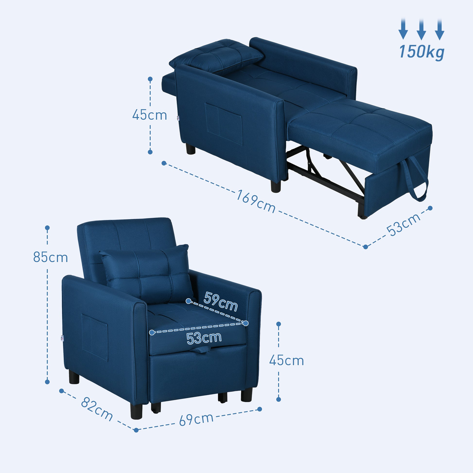 Single Sofa Bed with 3-Level Reclining Backrest, 2 Wheels, and Cushion, Foldable Single Sofa Bed for Living Room in Linen Effect Fabric and Wood, 69x82x85cm, Blue